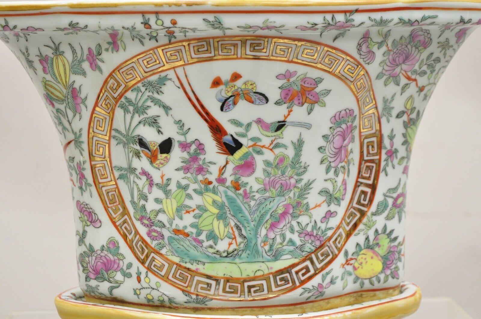 Vintage Chinese Export Porcelain Bird Painted Cachepot Flower Pot - a Pair For Sale 1
