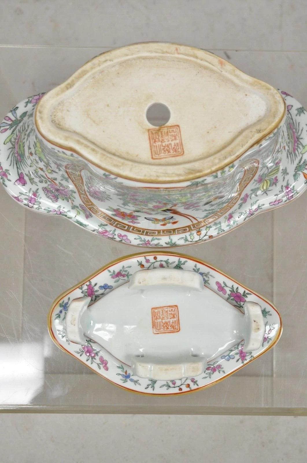 Par de macetas de porcelana china de exportación pintadas con pájaros en venta 2