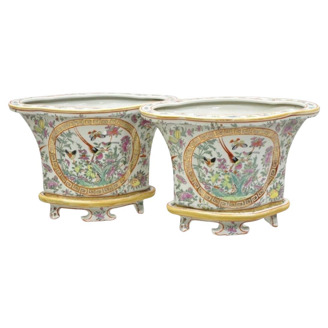 Par de macetas de porcelana china de exportación pintadas con pájaros en venta