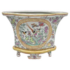 Vintage Chinese Export Porcelain Bird Painted Cachepot Flower Pot Vase