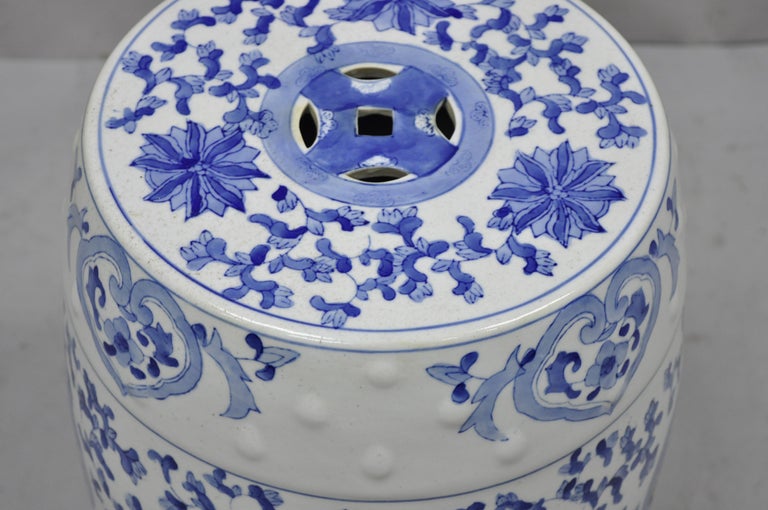 Vintage Chinese Export Porcelain Blue White Garden Drum Seat Stool with
