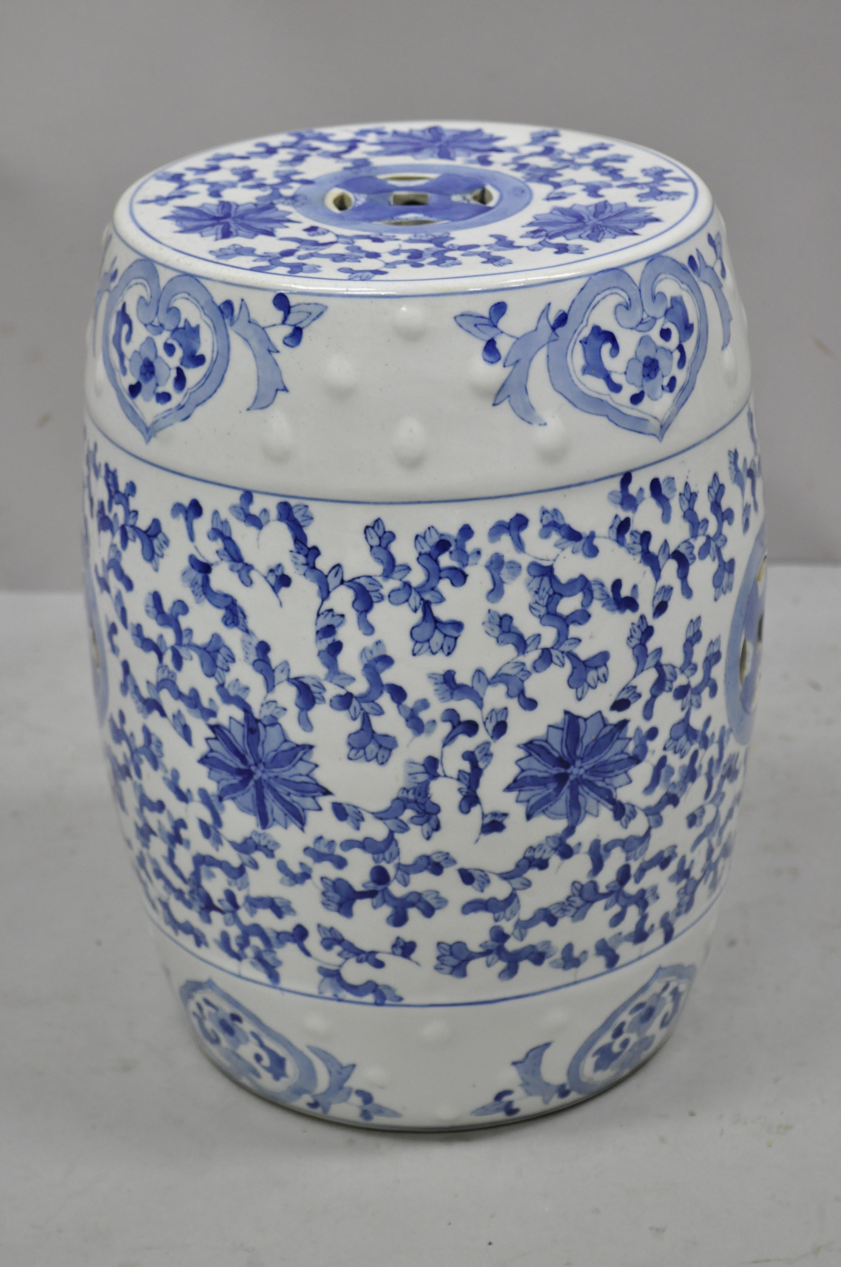 Asian Vintage Chinese Export Porcelain Blue White Garden Drum Seat Stool with Flowers