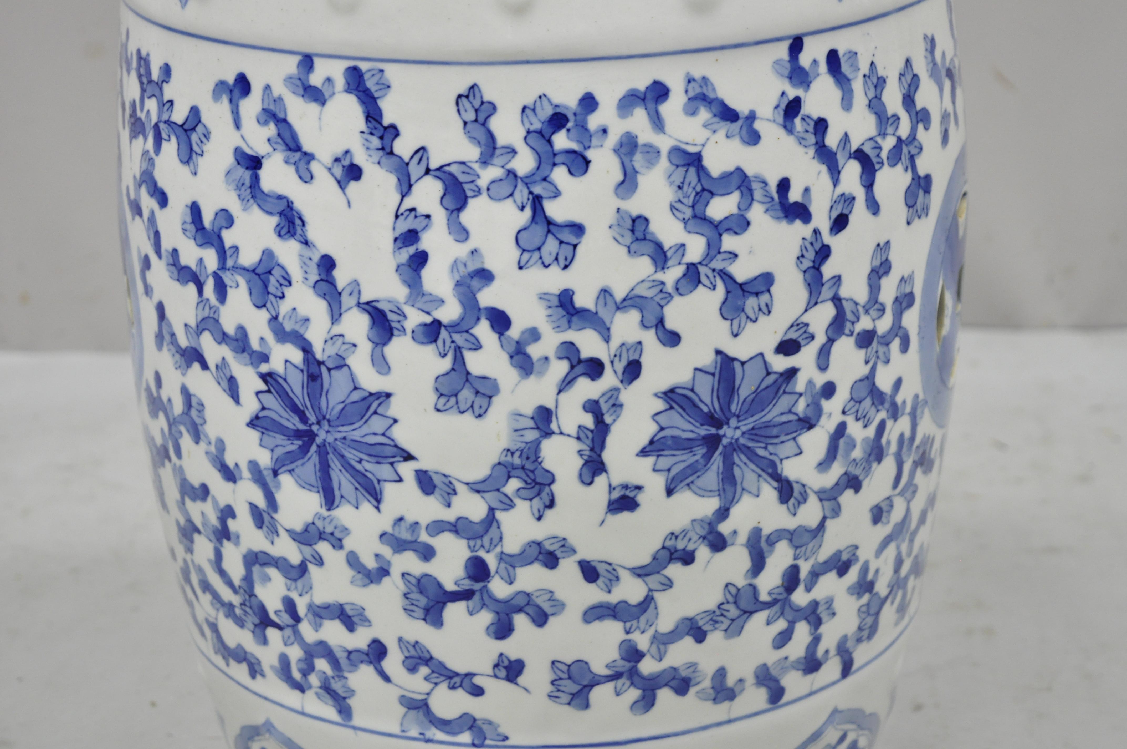 Vintage Chinese Export Porcelain Blue White Garden Drum Seat Stool with Flowers In Good Condition In Philadelphia, PA