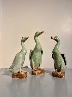 Vintage Chinese Export Porcelain Celadon Glazed Ducks, Set of 3, 1970's, China