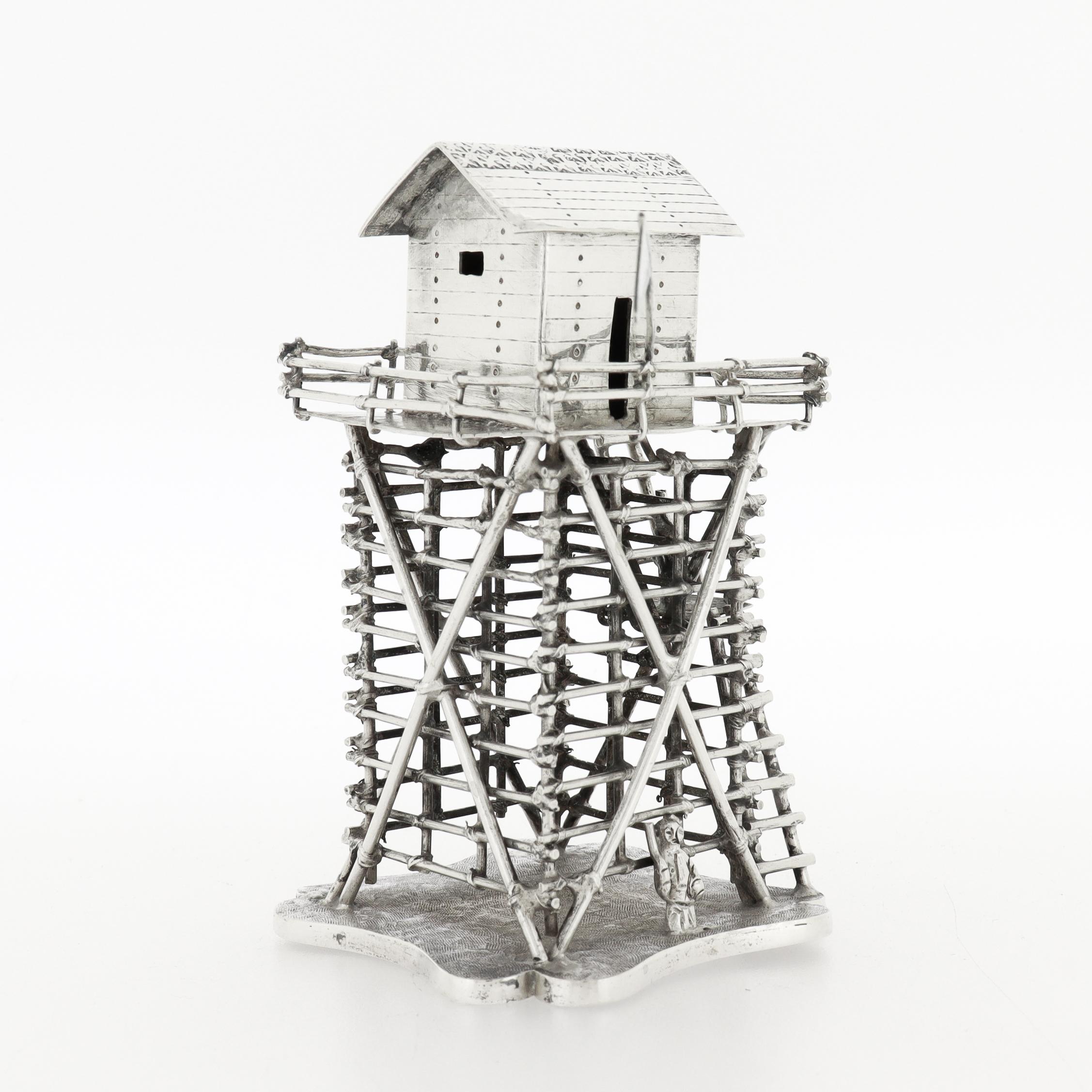 Vintage Chinese Export Silver Military Lookout Tower & Soldier Silver Model For Sale 7