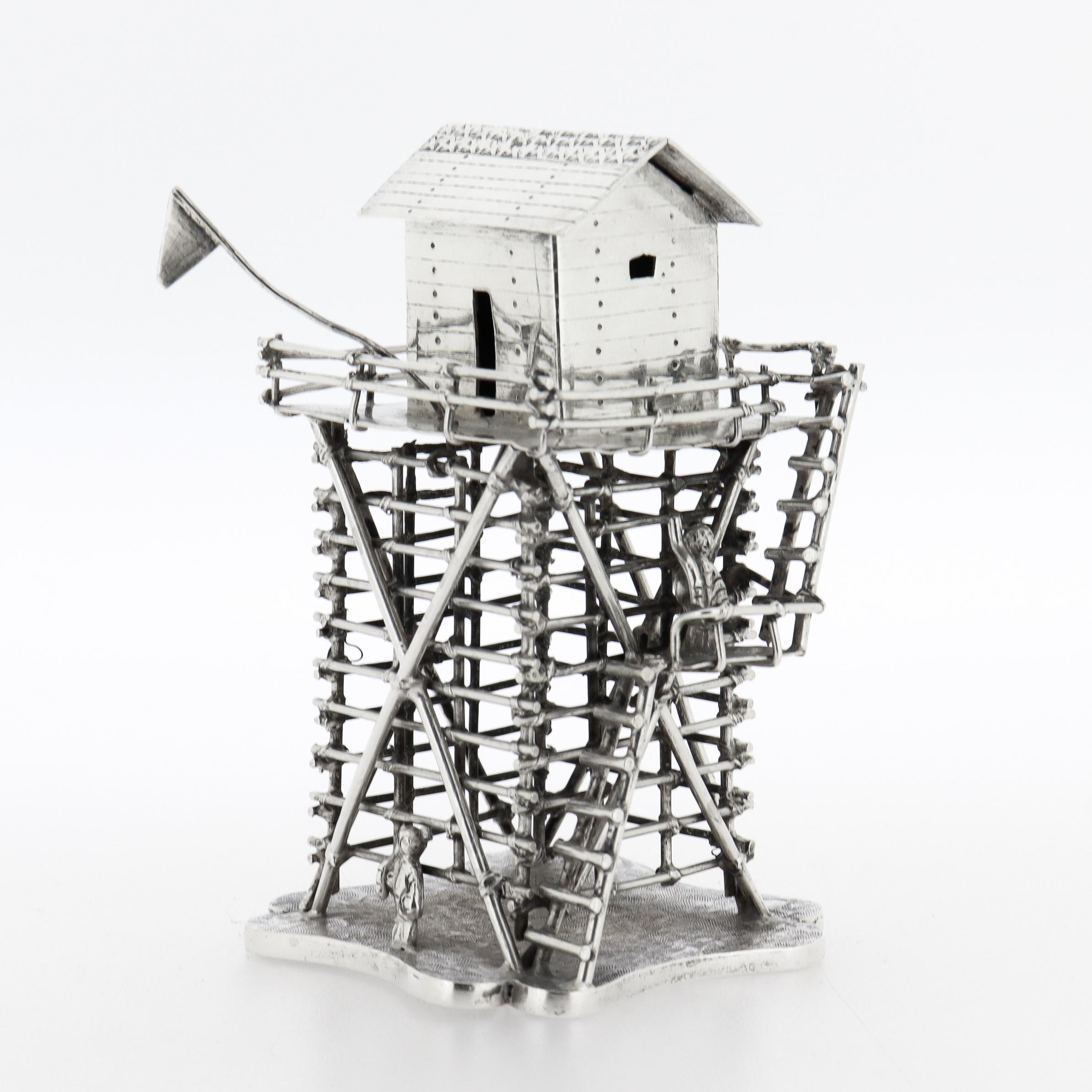 Vintage Chinese Export Silver Military Lookout Tower & Soldier Silver Model In Good Condition For Sale In Philadelphia, PA
