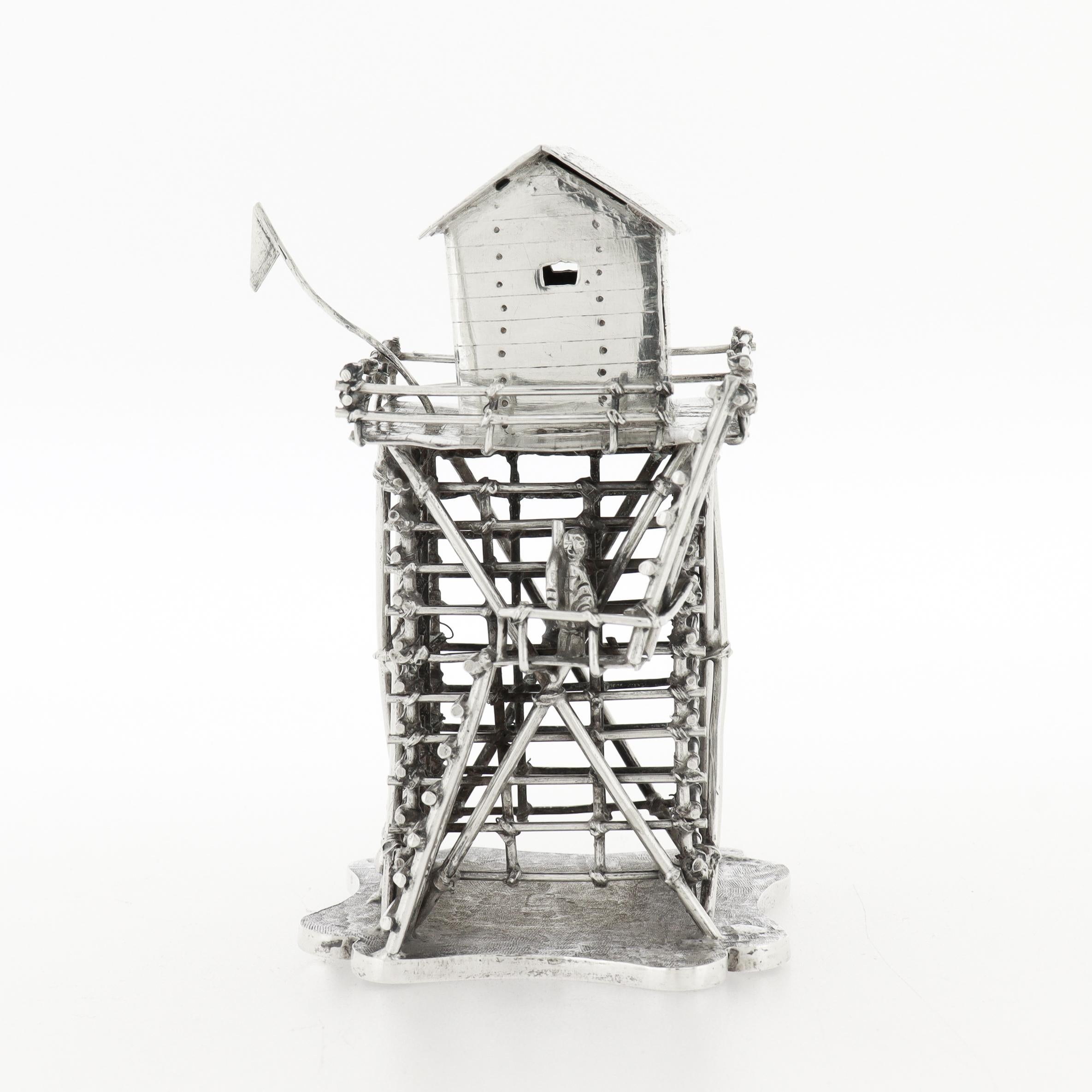 Women's or Men's Vintage Chinese Export Silver Military Lookout Tower & Soldier Silver Model For Sale