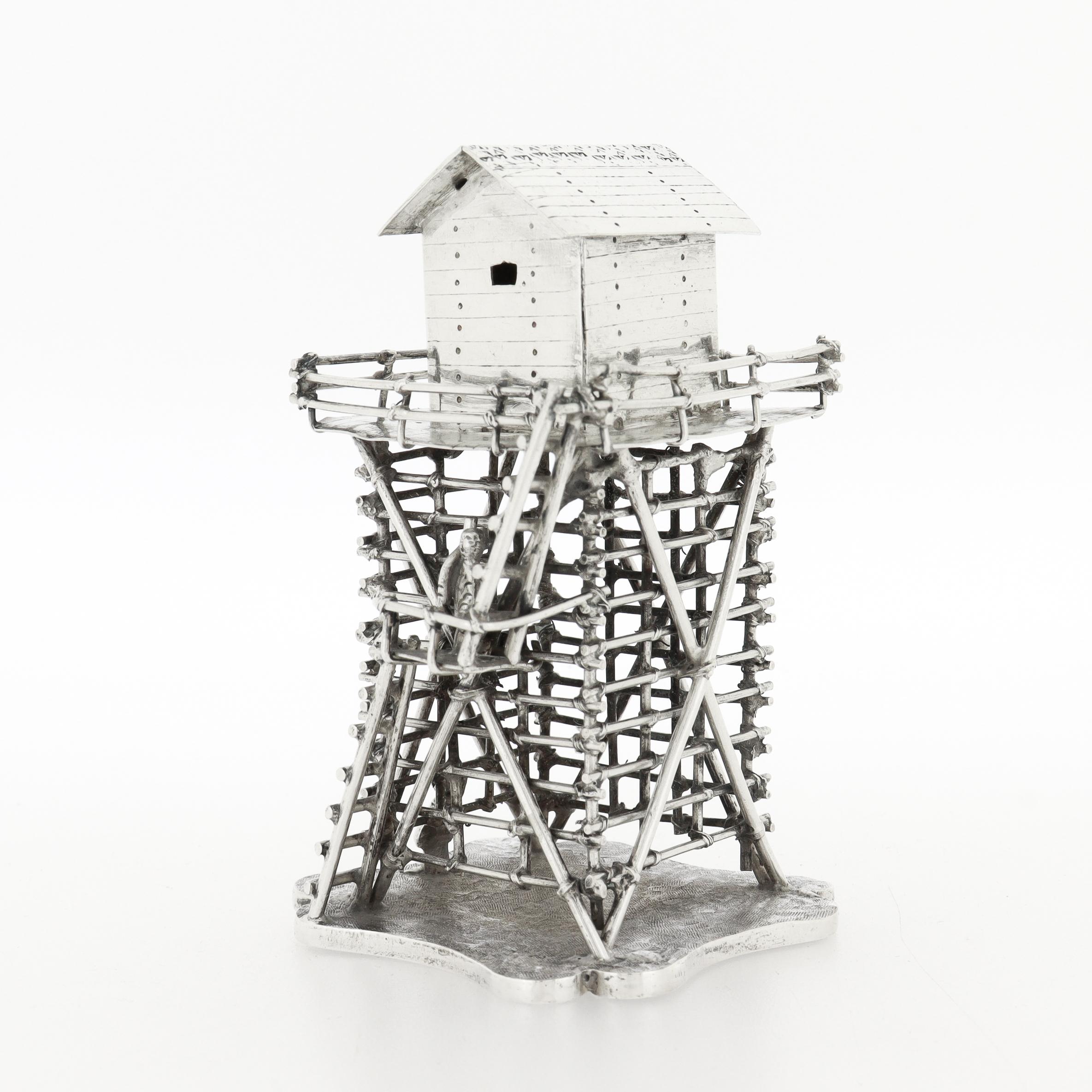 Vintage Chinese Export Silver Military Lookout Tower & Soldier Silver Model For Sale 1