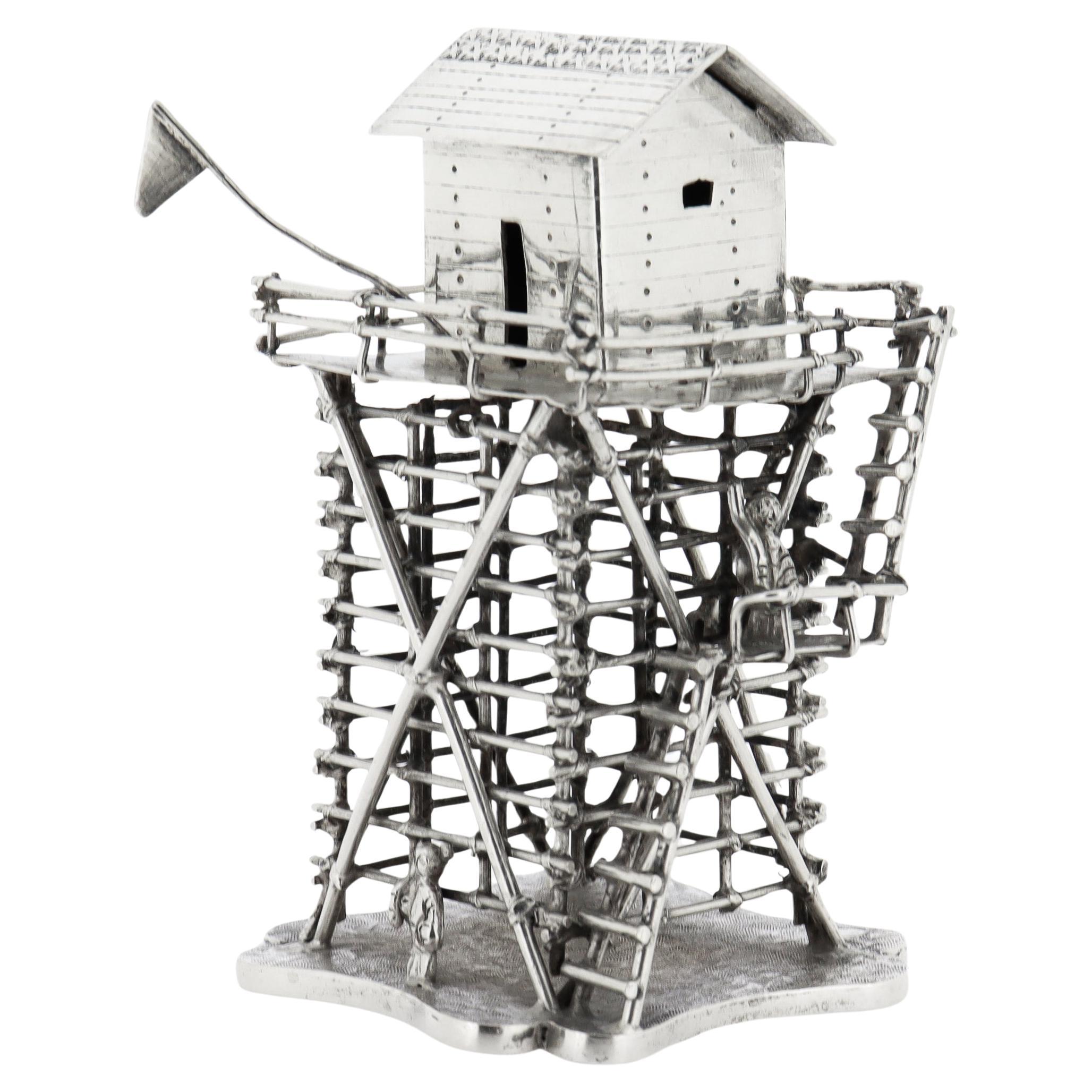 Vintage Chinese Export Silver Military Lookout Tower & Soldier Silver Model For Sale