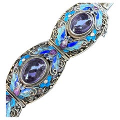 Pulsera vintage de plata de ley con filigrana, esmalte y amatista, de exportación china, de los años 70