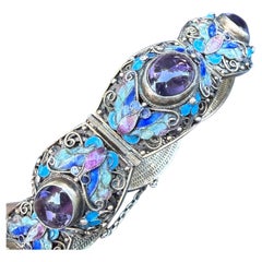 Pulsera vintage de plata de ley con filigrana, esmalte y amatista, de exportación china, de los años 70