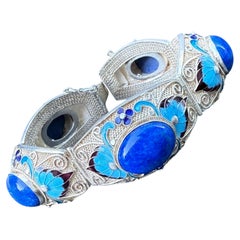 Pulsera vintage de plata de ley con filigrana, lapislázuli y esmalte, de exportación china, de los años 70
