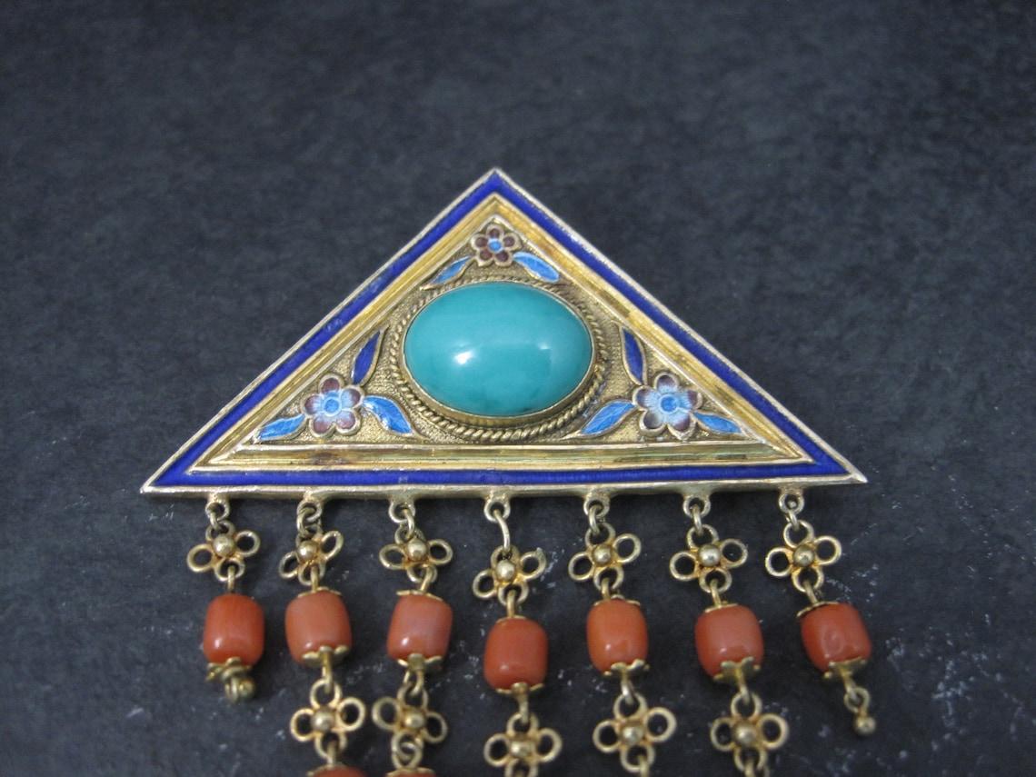 Art Nouveau Vintage Chinese Export Turquoise Coral Enamel Brooch For Sale