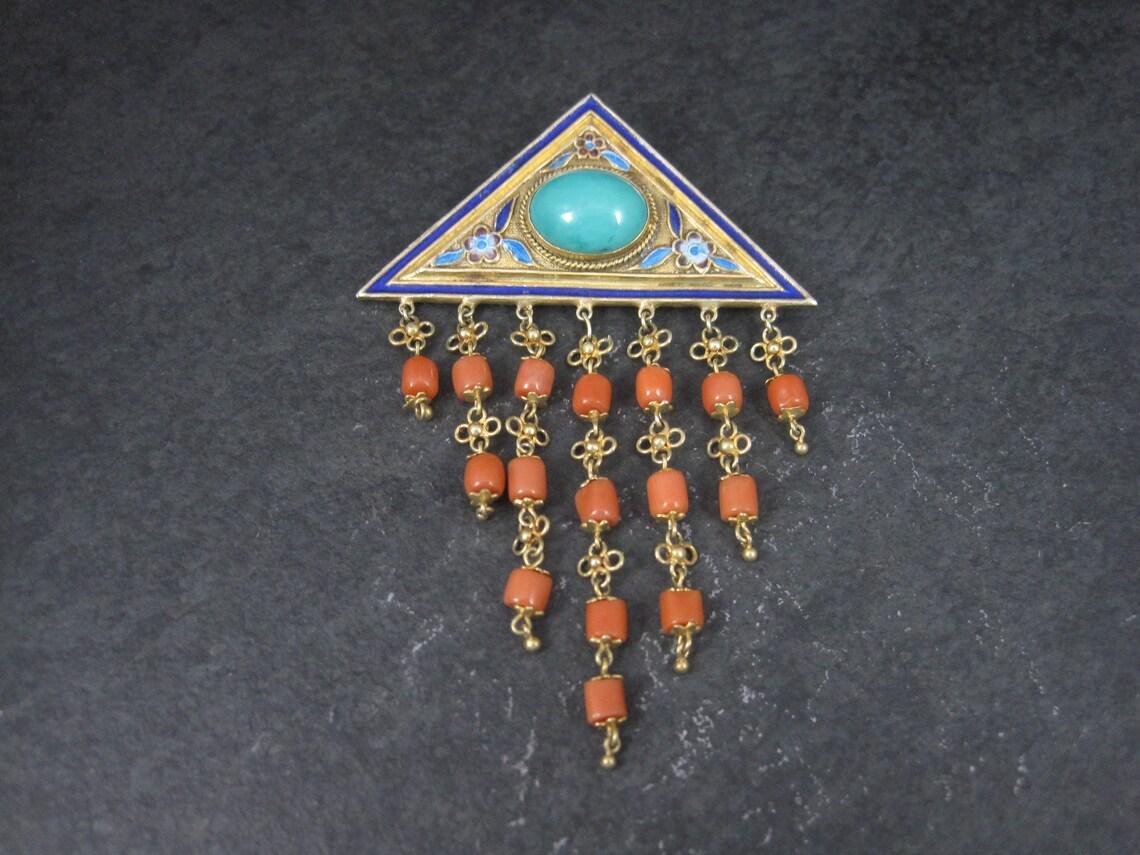 Women's Vintage Chinese Export Turquoise Coral Enamel Brooch For Sale