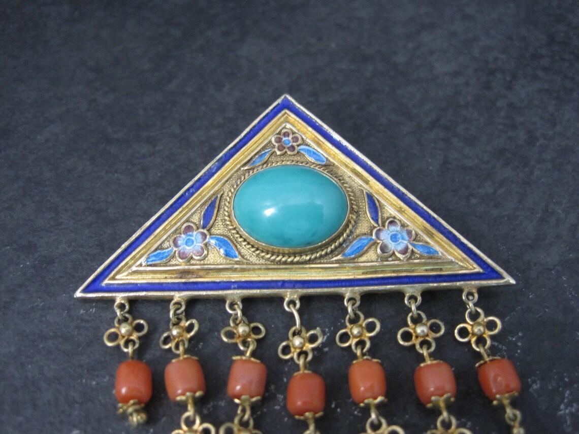 Vintage Chinese Export Turquoise Coral Enamel Brooch For Sale 1