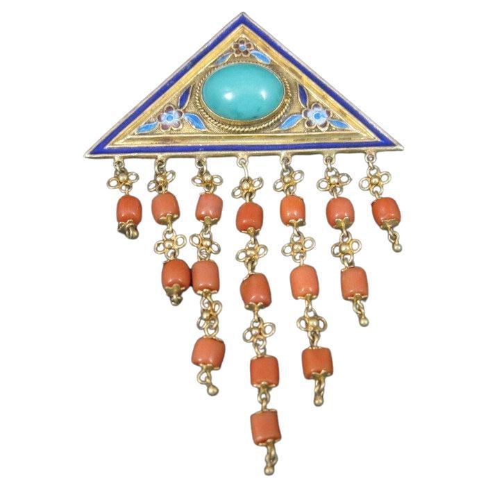 Vintage Chinese Export Turquoise Coral Enamel Brooch For Sale