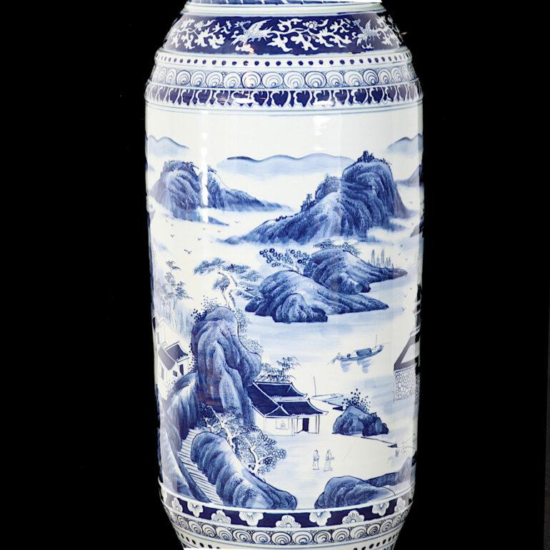 Vintage Chinese extra-large blue and white palace vase, hand-thrown glazed pottery with hand-painted decoration. The largest vessel of its kind we've ever offered in 35 years of business.

