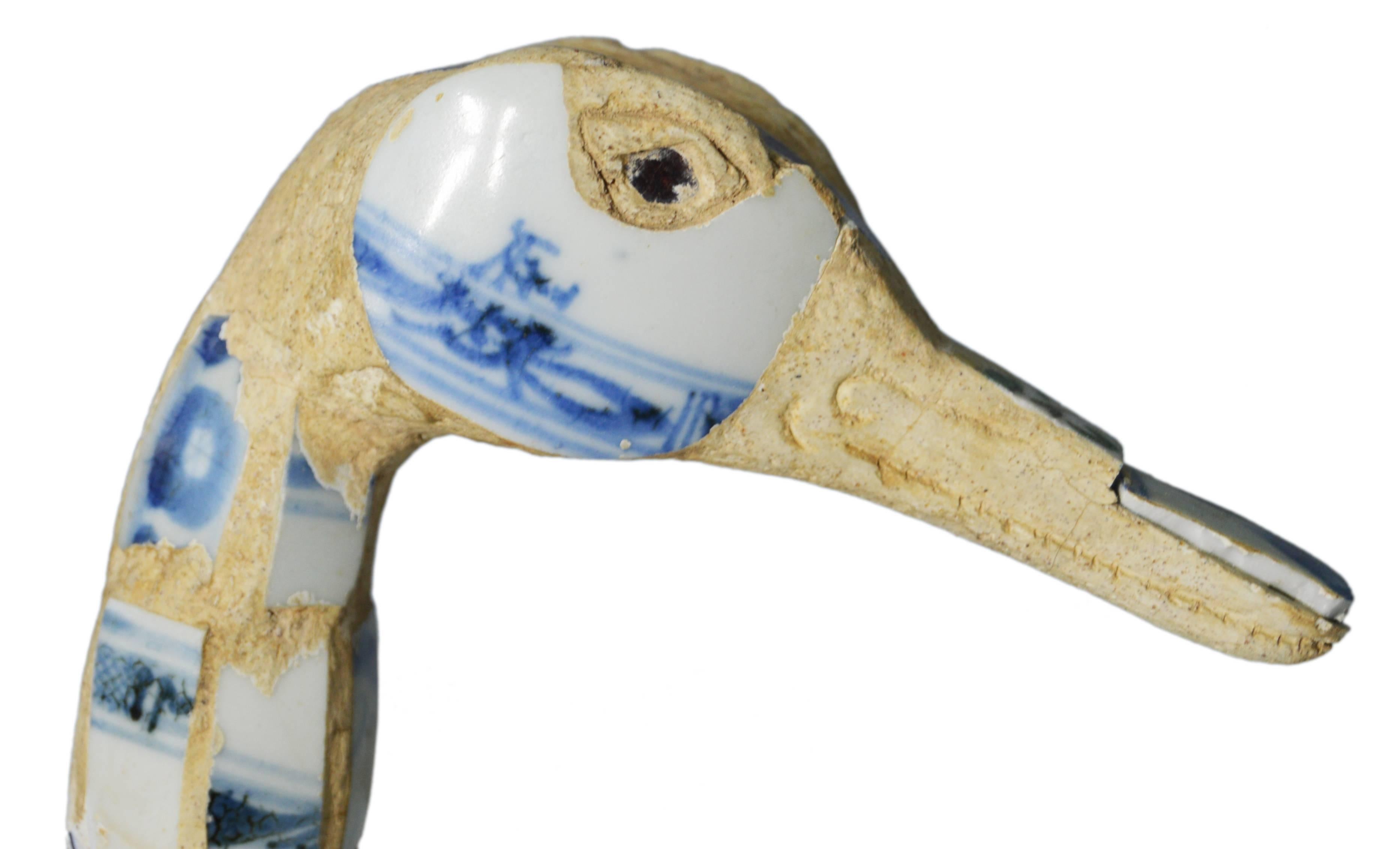 Vintage Chinese Faience Duck Sculpture with Blue Oriental Accents In Good Condition For Sale In Yonkers, NY