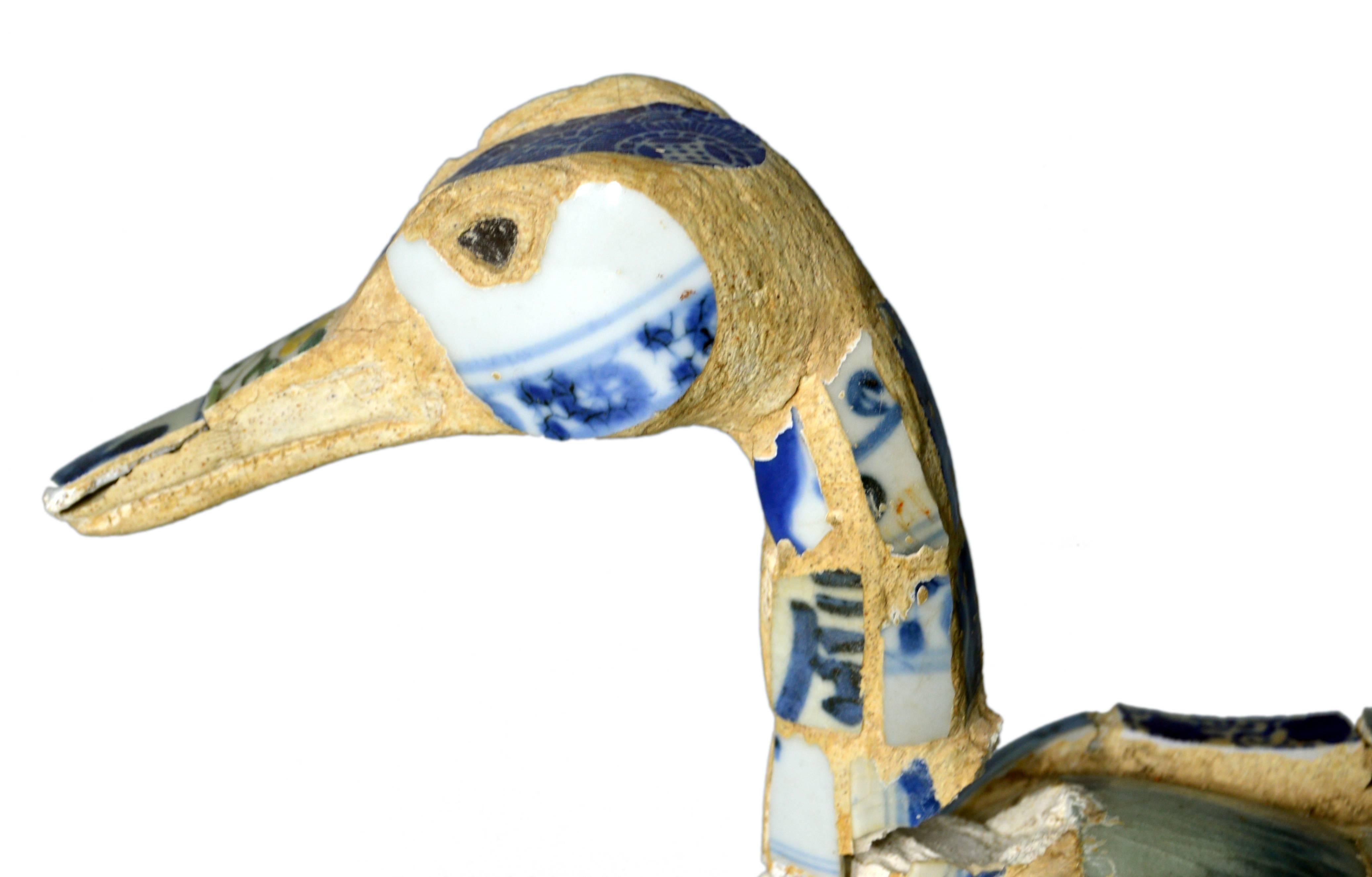 Vintage Chinese Faience Duck Sculpture with Blue Oriental Accents For Sale 3