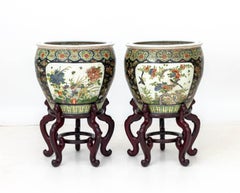 Vintage Chinese Famille Noir Porcelain Fish Bowls on Carved Wood Stands, Pair