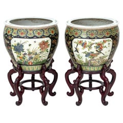 Vintage Chinese Famille Noir Porcelain Fish Bowls on Carved Wood Stands, Pair