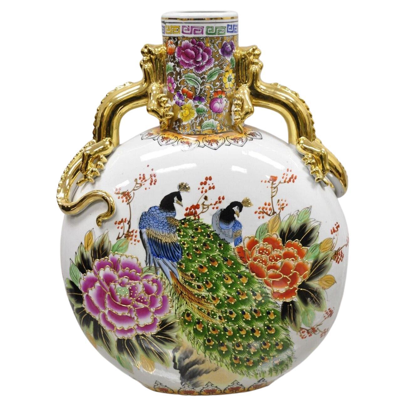 Vintage Chinese Famille Porcelain Rose Moon Flask Vase with Peacock For Sale