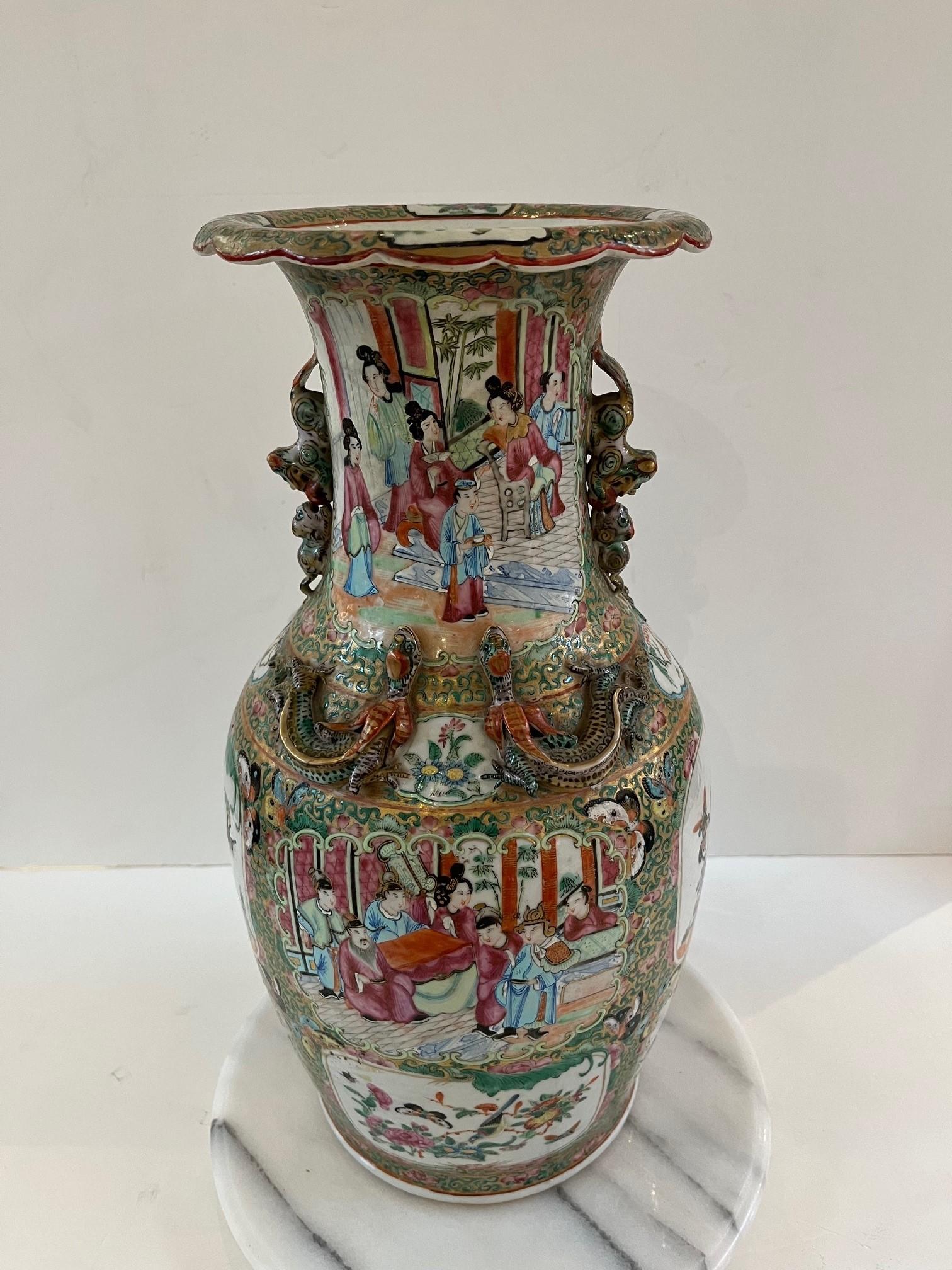Vintage Chinese Famille Rose Baluster Vase Painted in Canton Style Figural For Sale 6