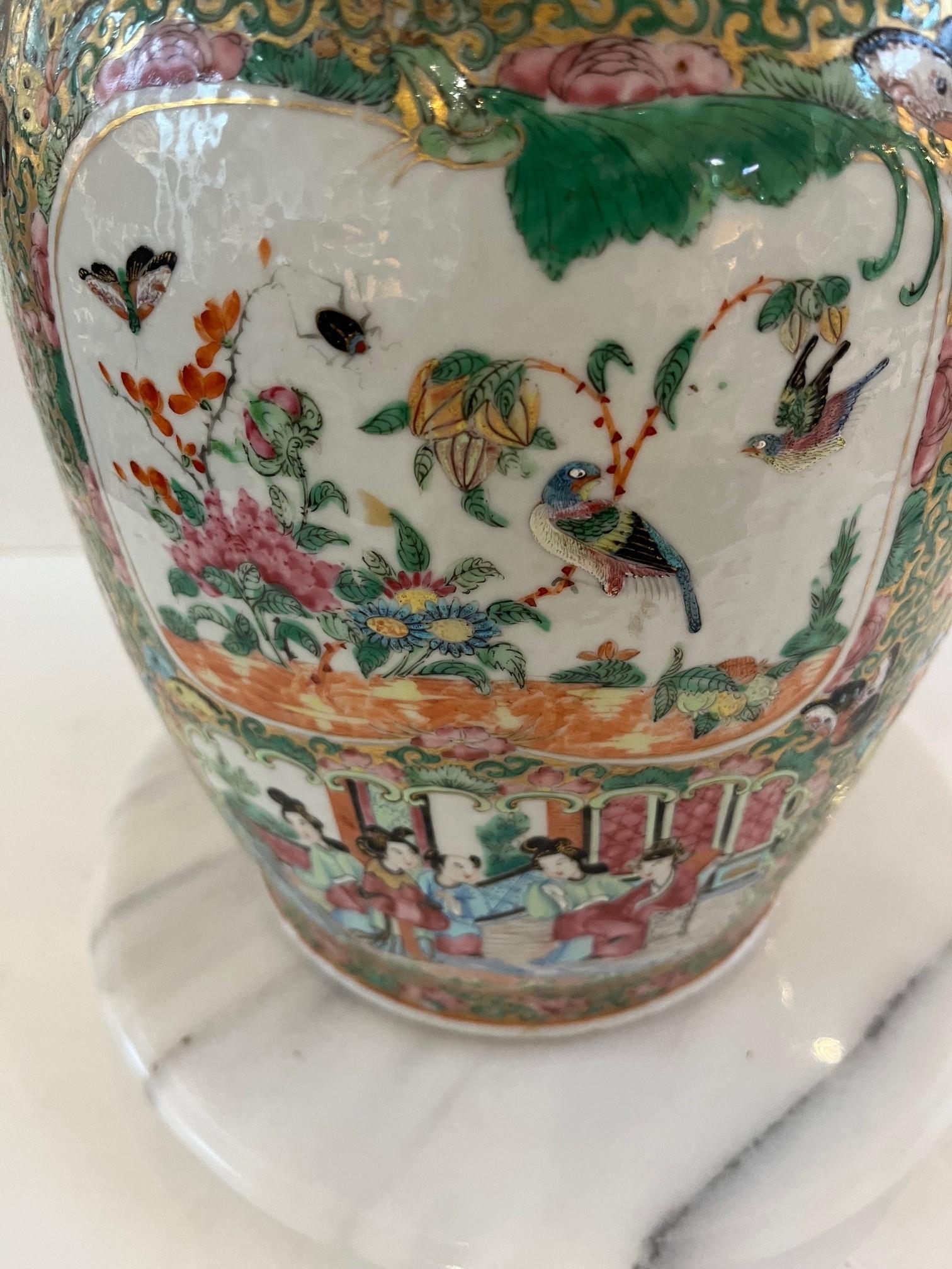 Polychromed Vintage Chinese Famille Rose Baluster Vase Painted in Canton Style Figural For Sale