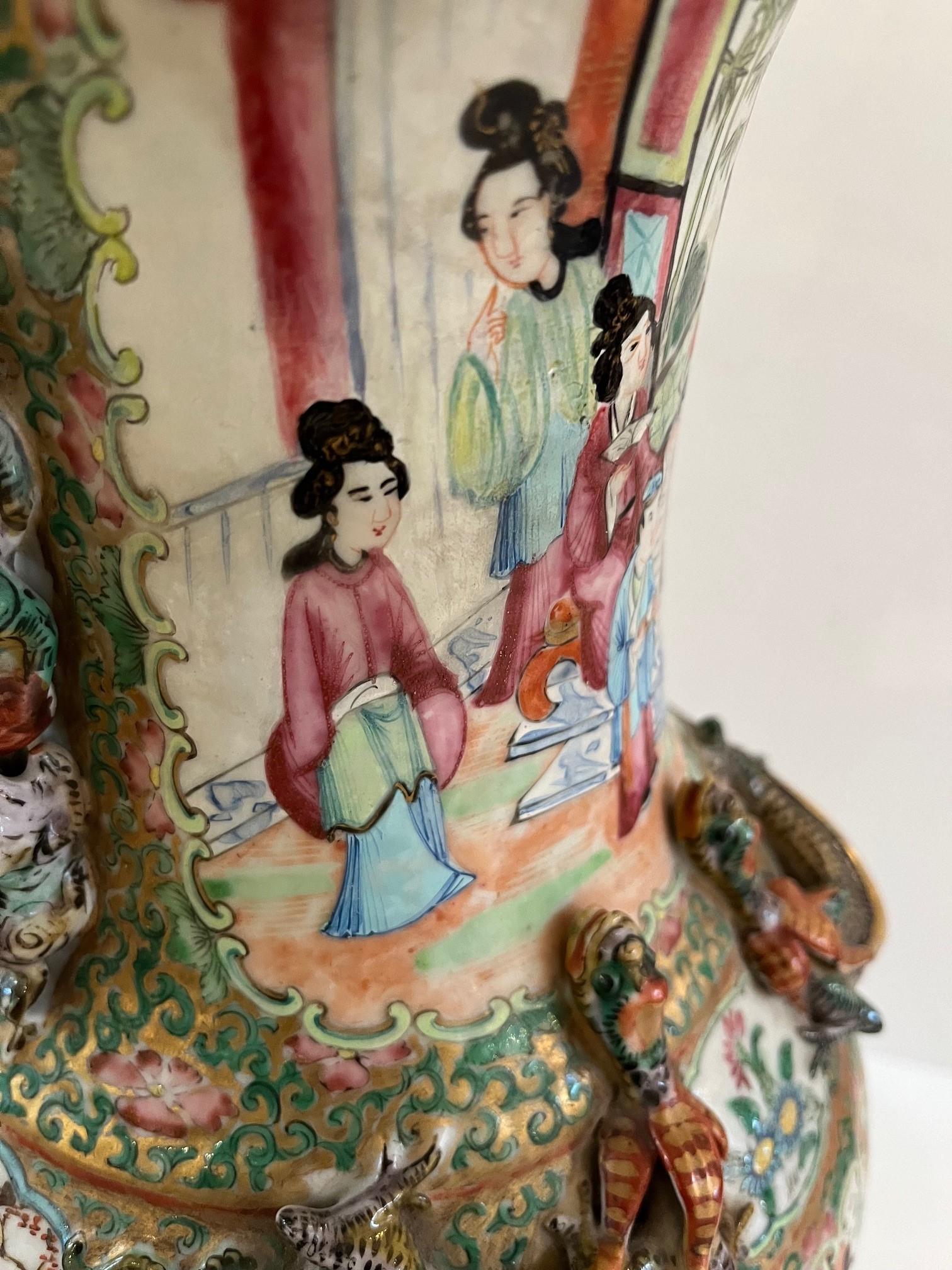 Vintage Chinese Famille Rose Baluster Vase Painted in Canton Style Figural In Good Condition For Sale In Los Angeles, CA