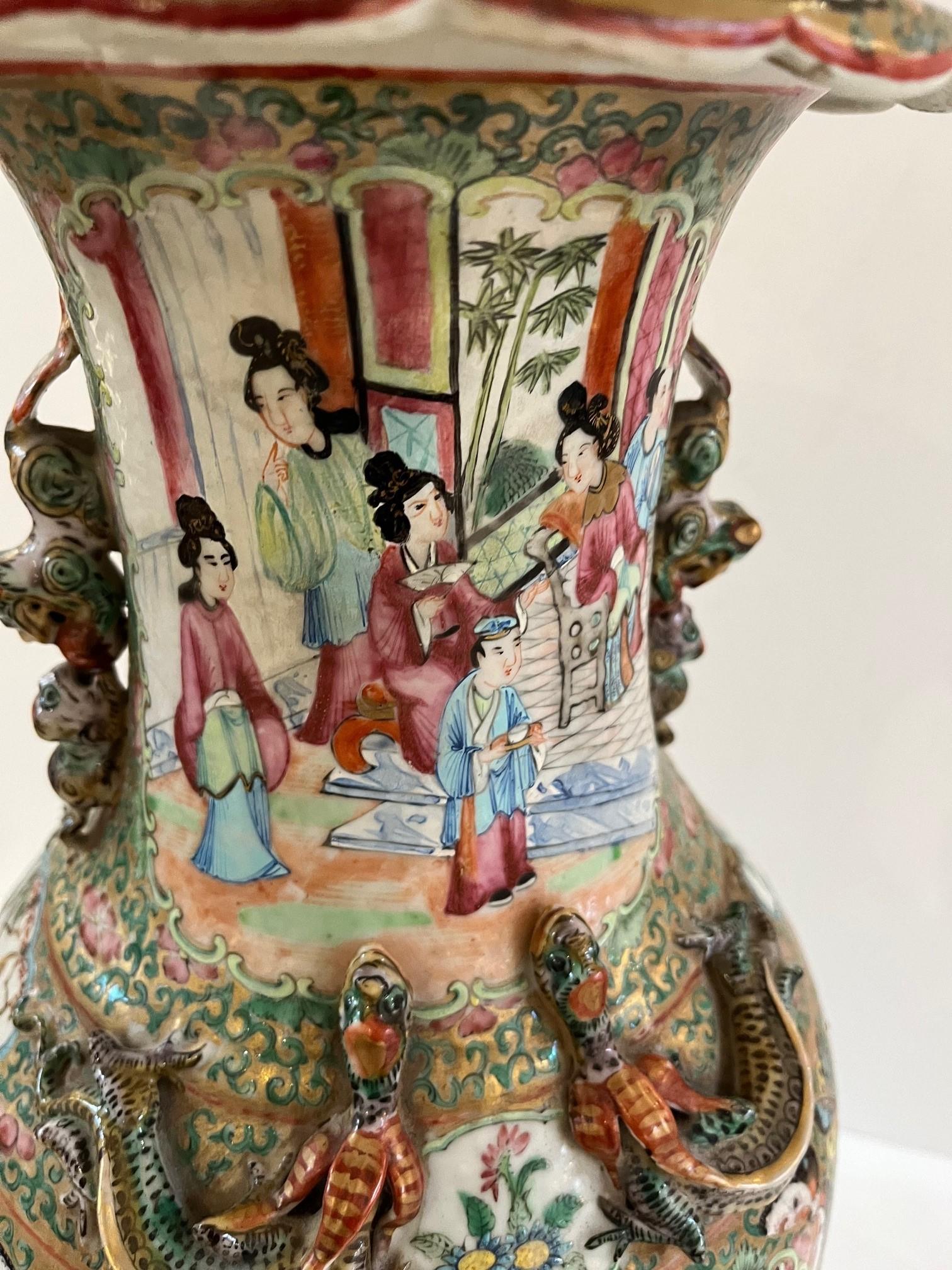 Porcelain Vintage Chinese Famille Rose Baluster Vase Painted in Canton Style Figural For Sale