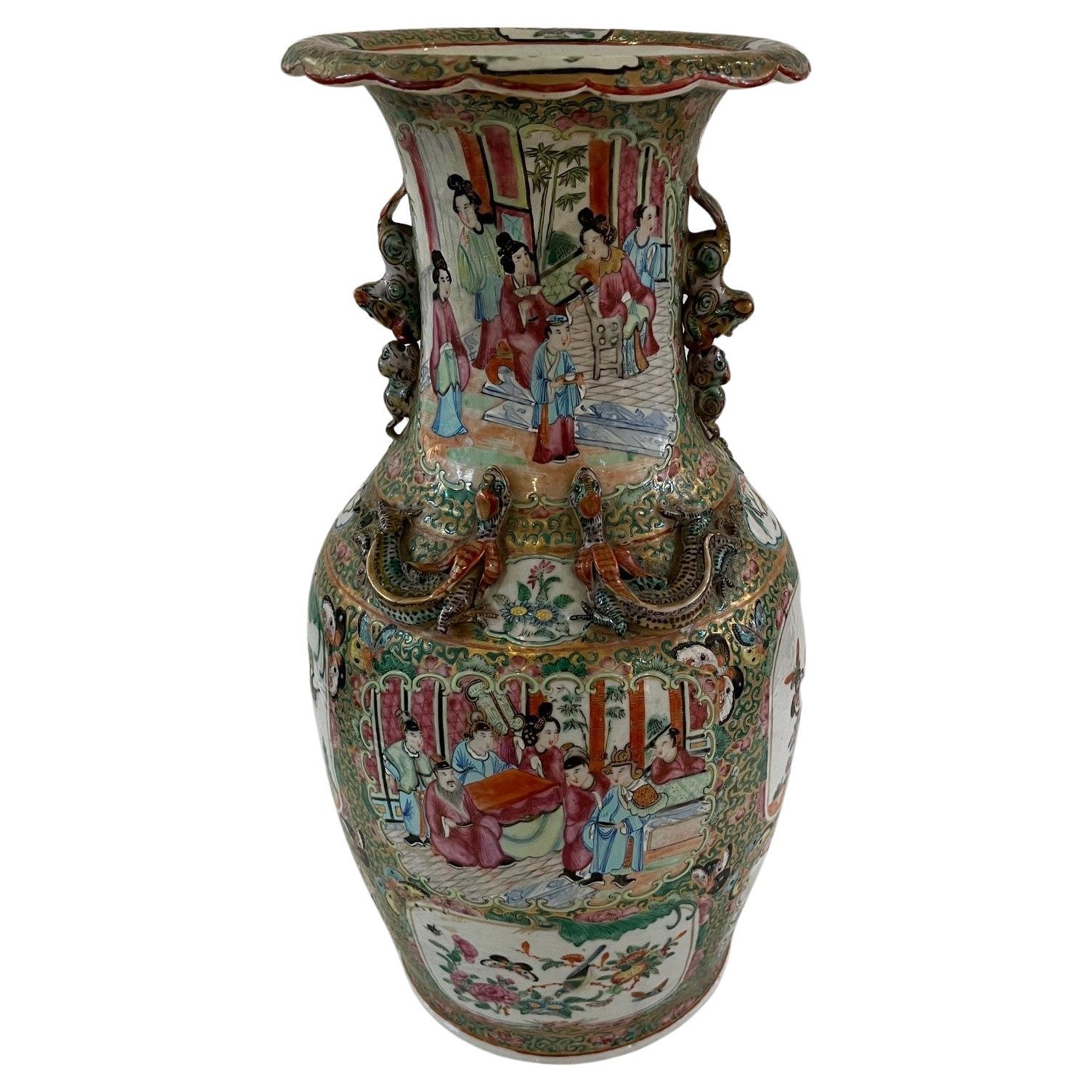 Vintage Chinese Famille Rose Baluster Vase Painted in Canton Style Figural For Sale