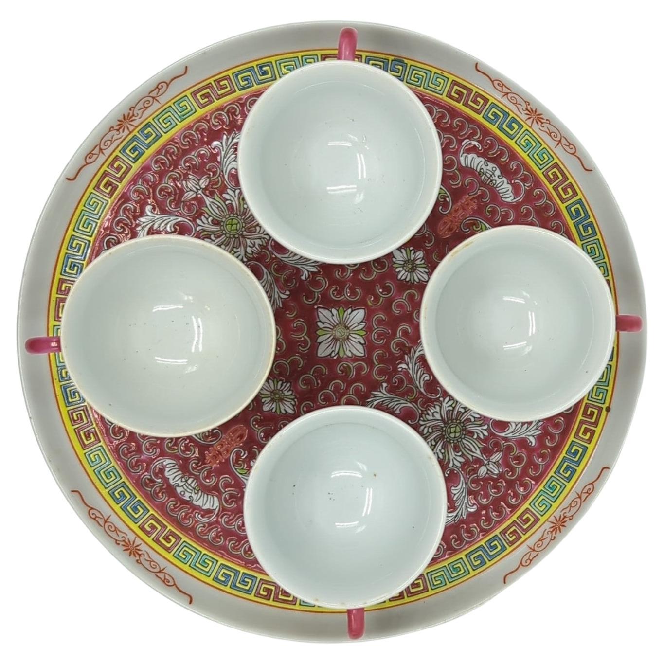 20th Century Vintage Chinese Famille Rose Fencai Double Happiness Tea Cups Plate Set 70s For Sale