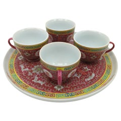 Vintage Chinese Famille Rose Fencai Double Happiness Tea Cups Plate Set 70s