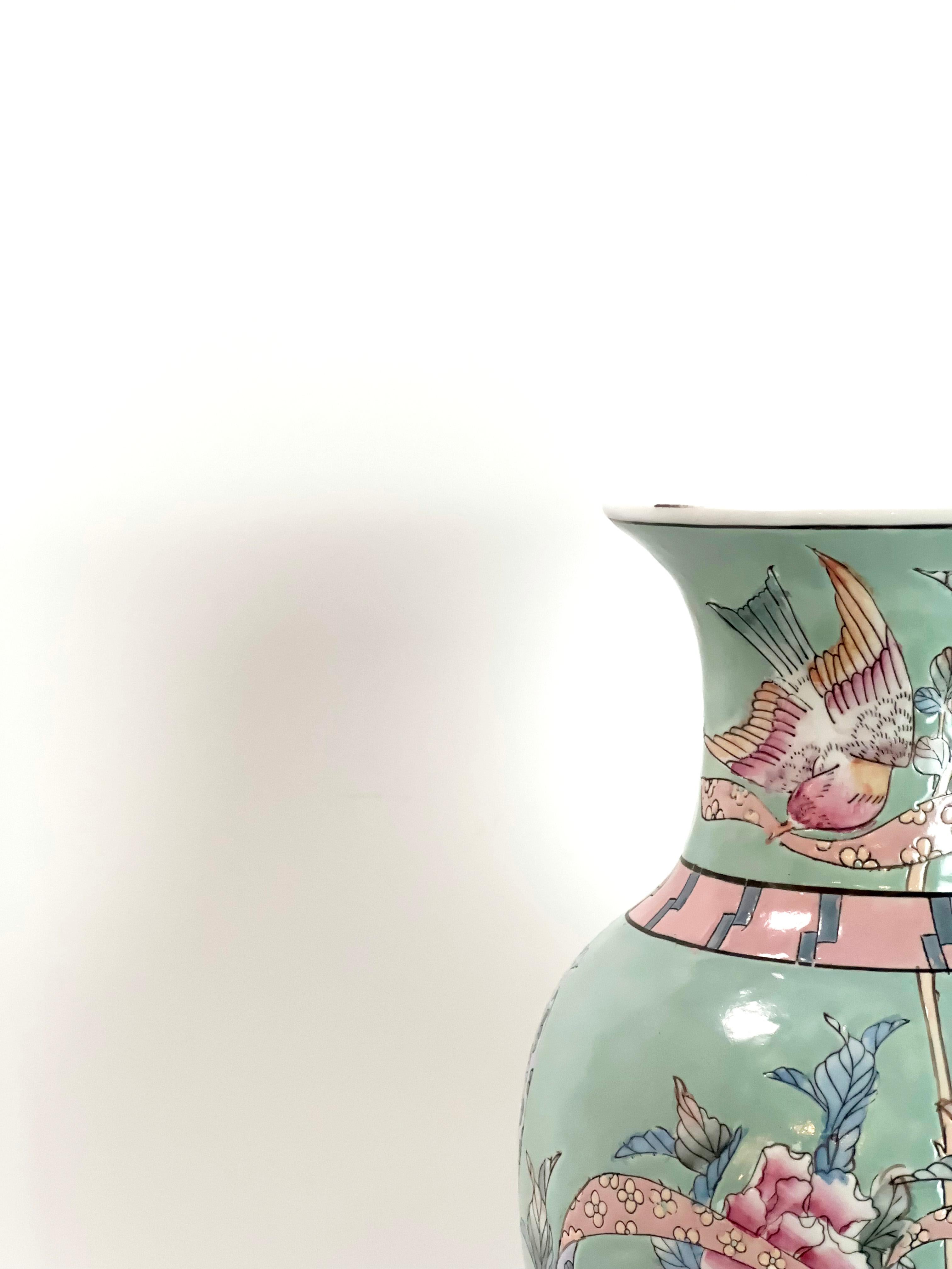 Chinese Vintage Porcelain Baluster Vase, Pastel Toned Famille Rose - Chinoiserie Style