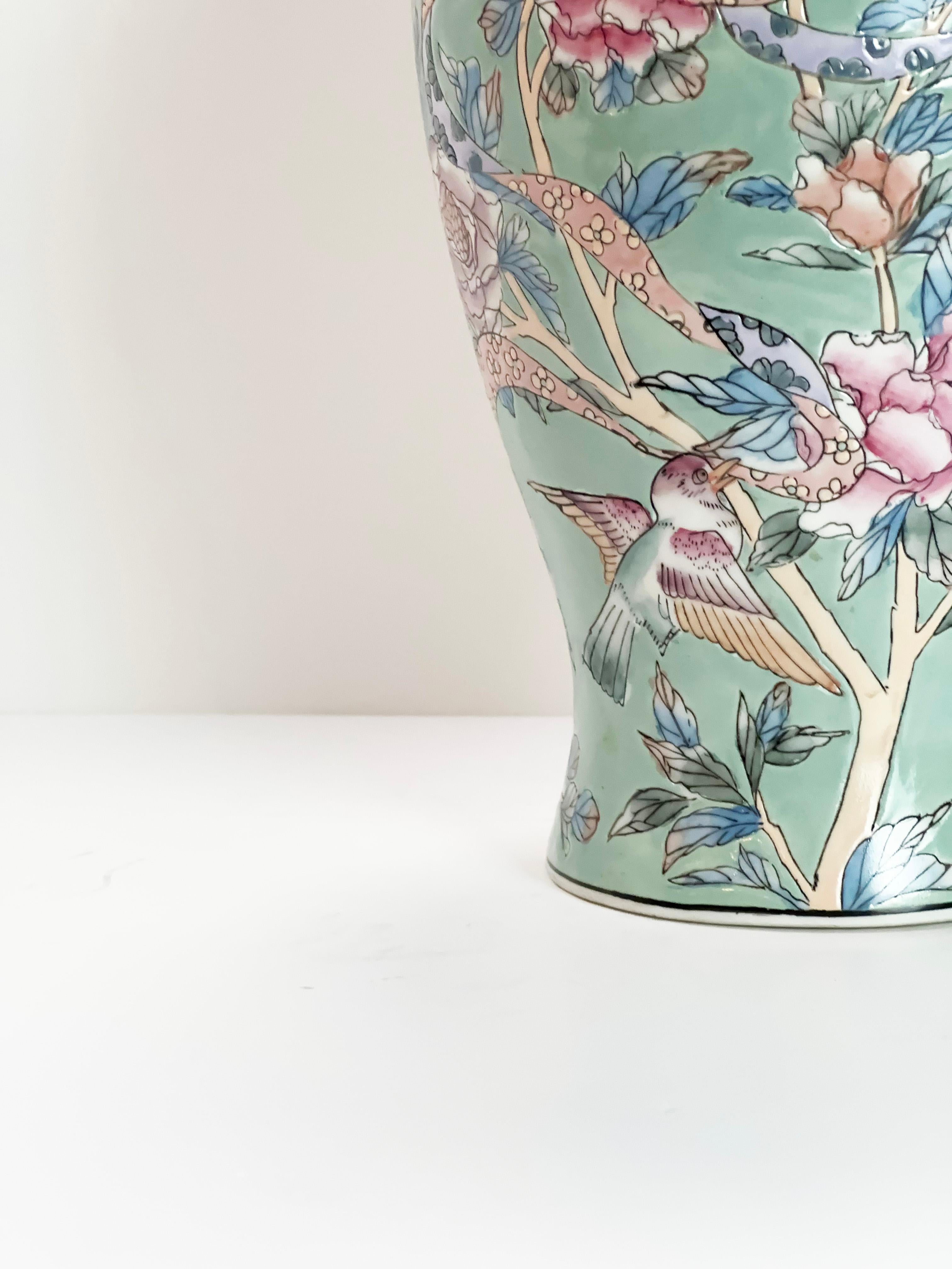 Glazed Vintage Porcelain Baluster Vase, Pastel Toned Famille Rose - Chinoiserie Style