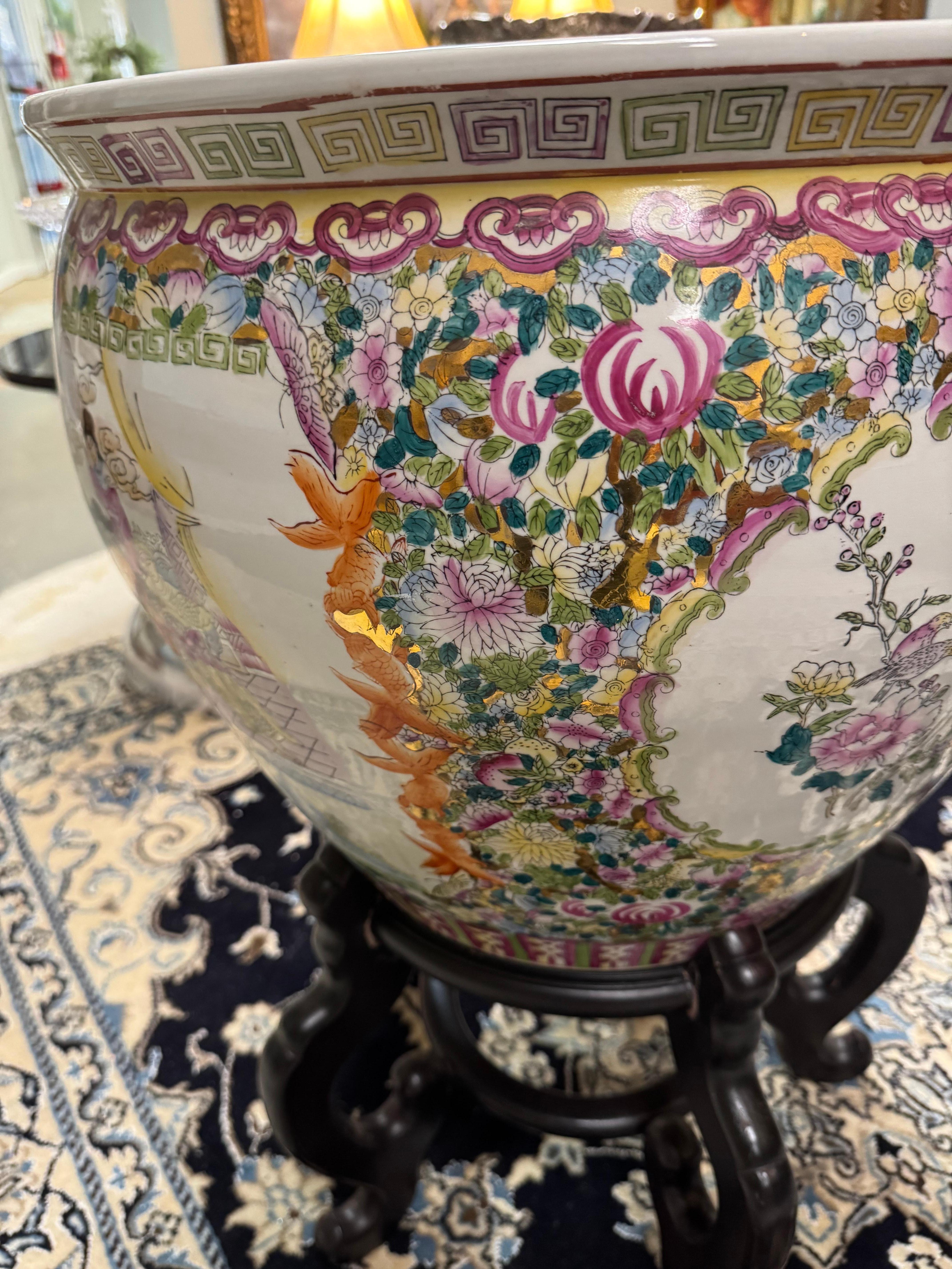 Chinoiserie Vintage Chinese Famille Rose Porcelain fish bowl with wooden stand