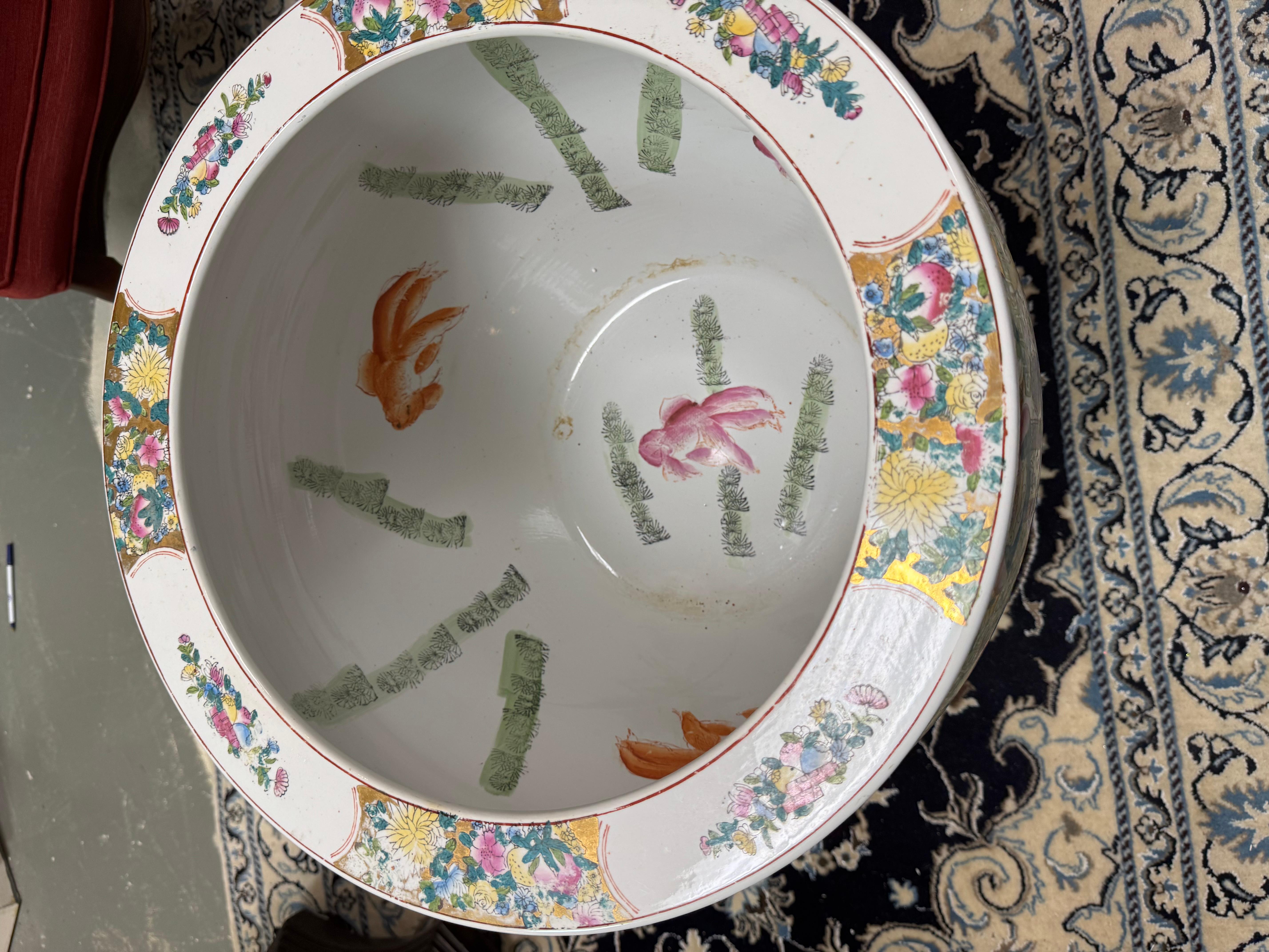 20th Century Vintage Chinese Famille Rose Porcelain fish bowl with wooden stand