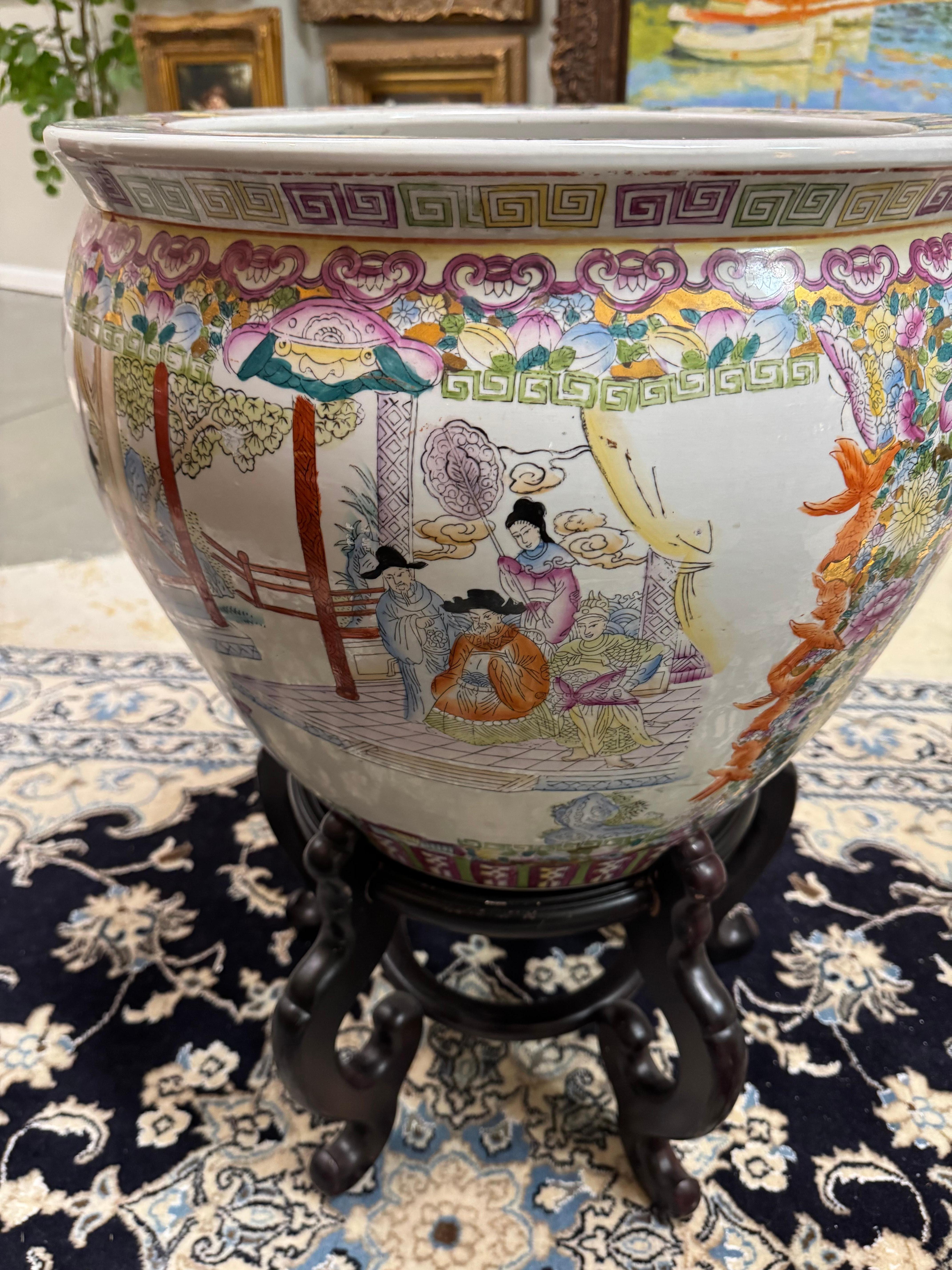 Vintage Chinese Famille Rose Porcelain fish bowl with wooden stand 1