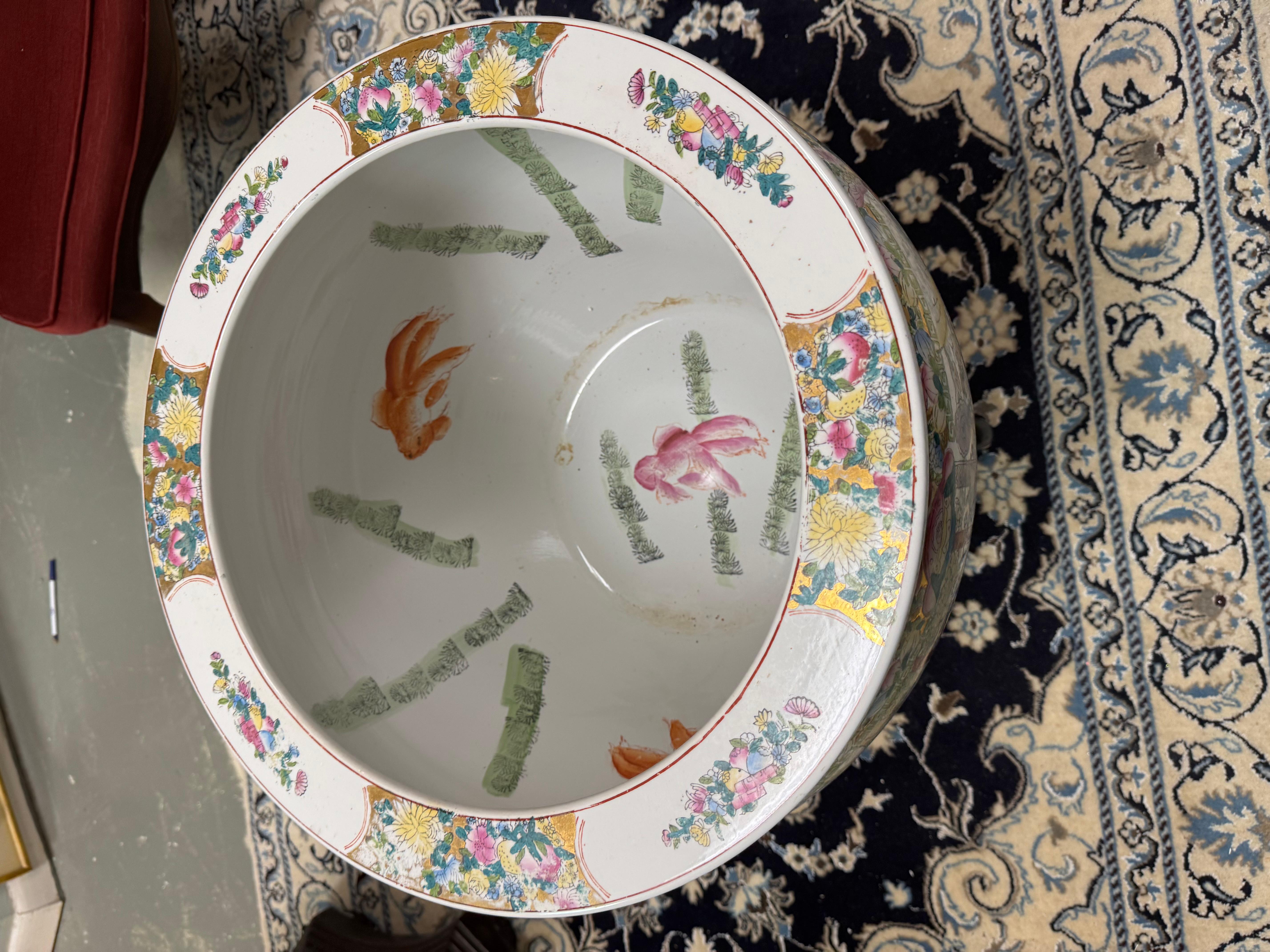 Vintage Chinese Famille Rose Porcelain fish bowl with wooden stand 3