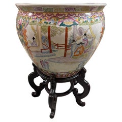Vintage Chinese Famille Rose Porcelain fish bowl with wooden stand