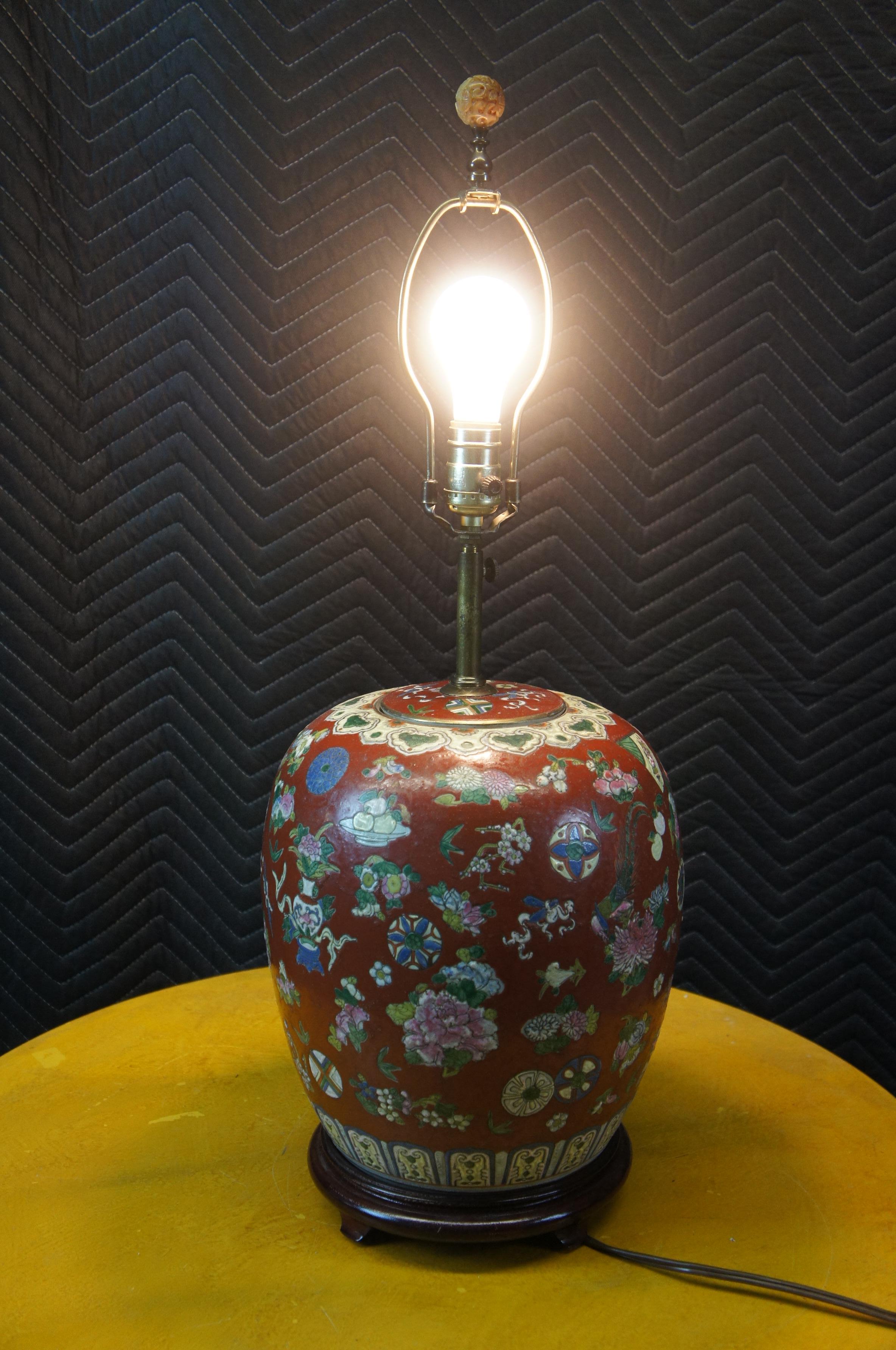 Vintage Chinese Famille Rose Porcelain Melon Vase Ginger Jar Urn Table Lamp For Sale 4