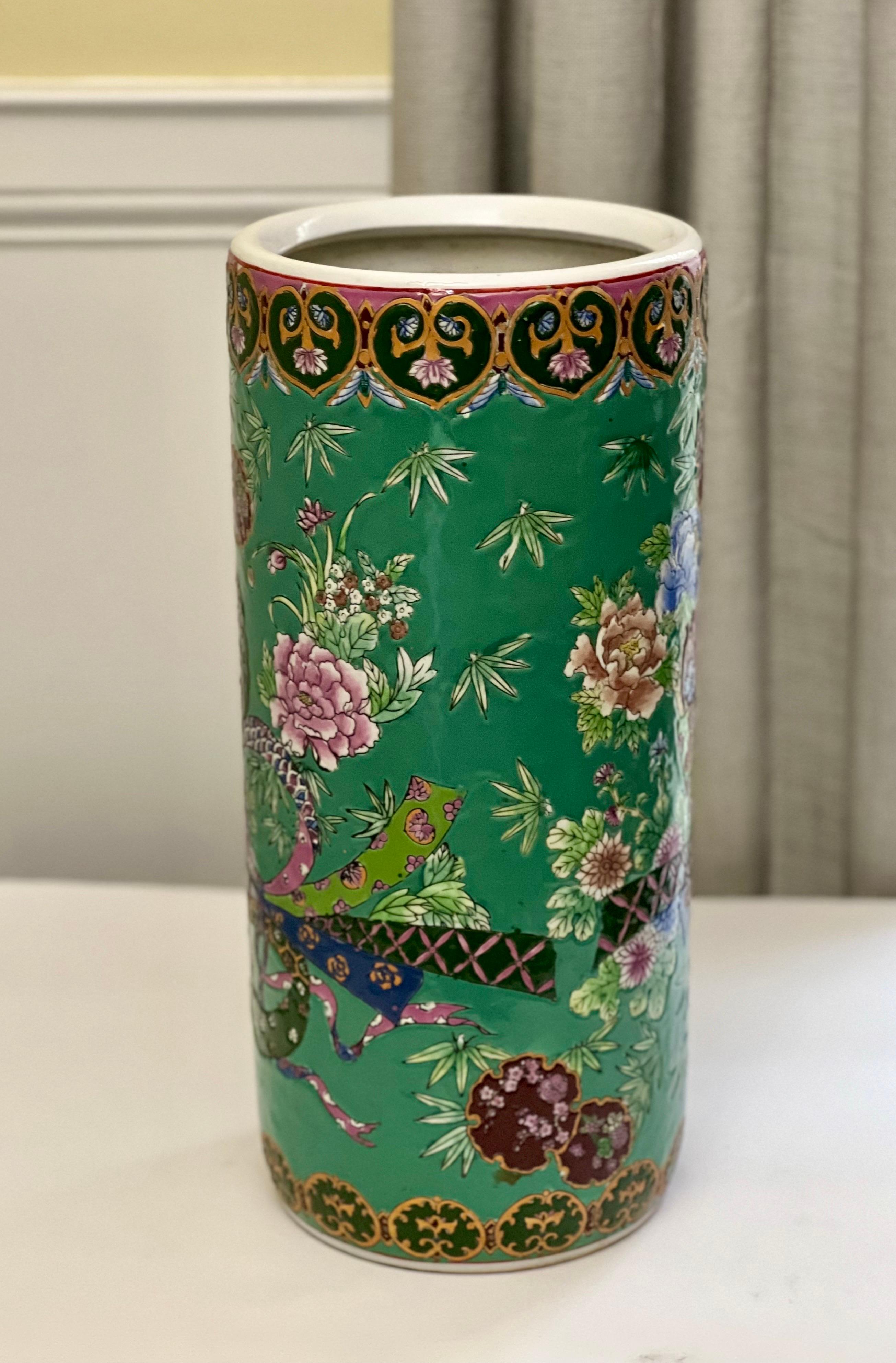 Chinese Export Vintage Chinese Famille Verte Porcelain Umbrella Stand or Vase For Sale