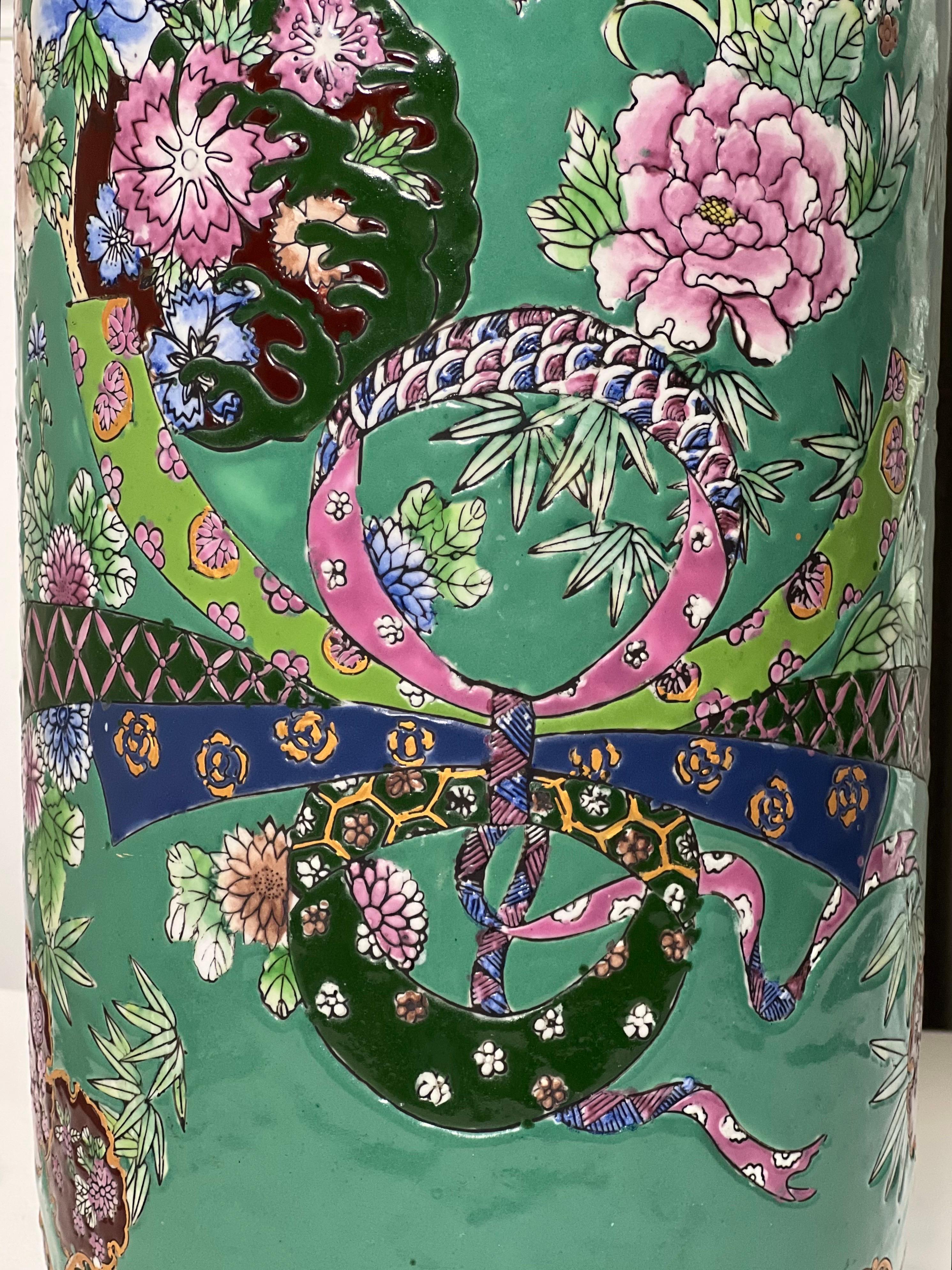 Paragüero o Jarrón Vintage Chino de Porcelana Famille Verte mediados del siglo XX