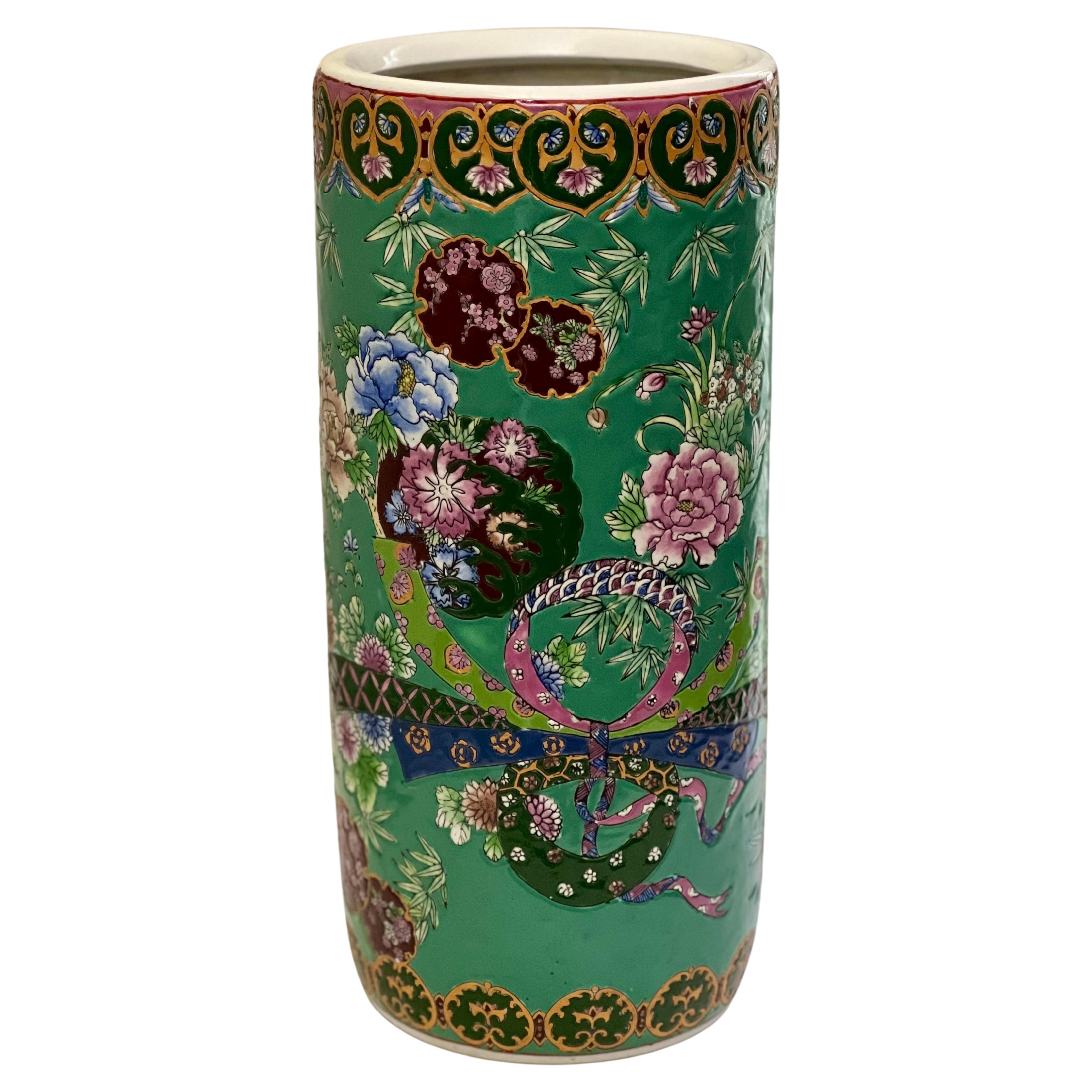 Vintage Chinese Famille Verte Porcelain Umbrella Stand or Vase For Sale