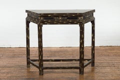 Vintage Faux Bamboo Demi-Lune Console Table with Landscape Décor