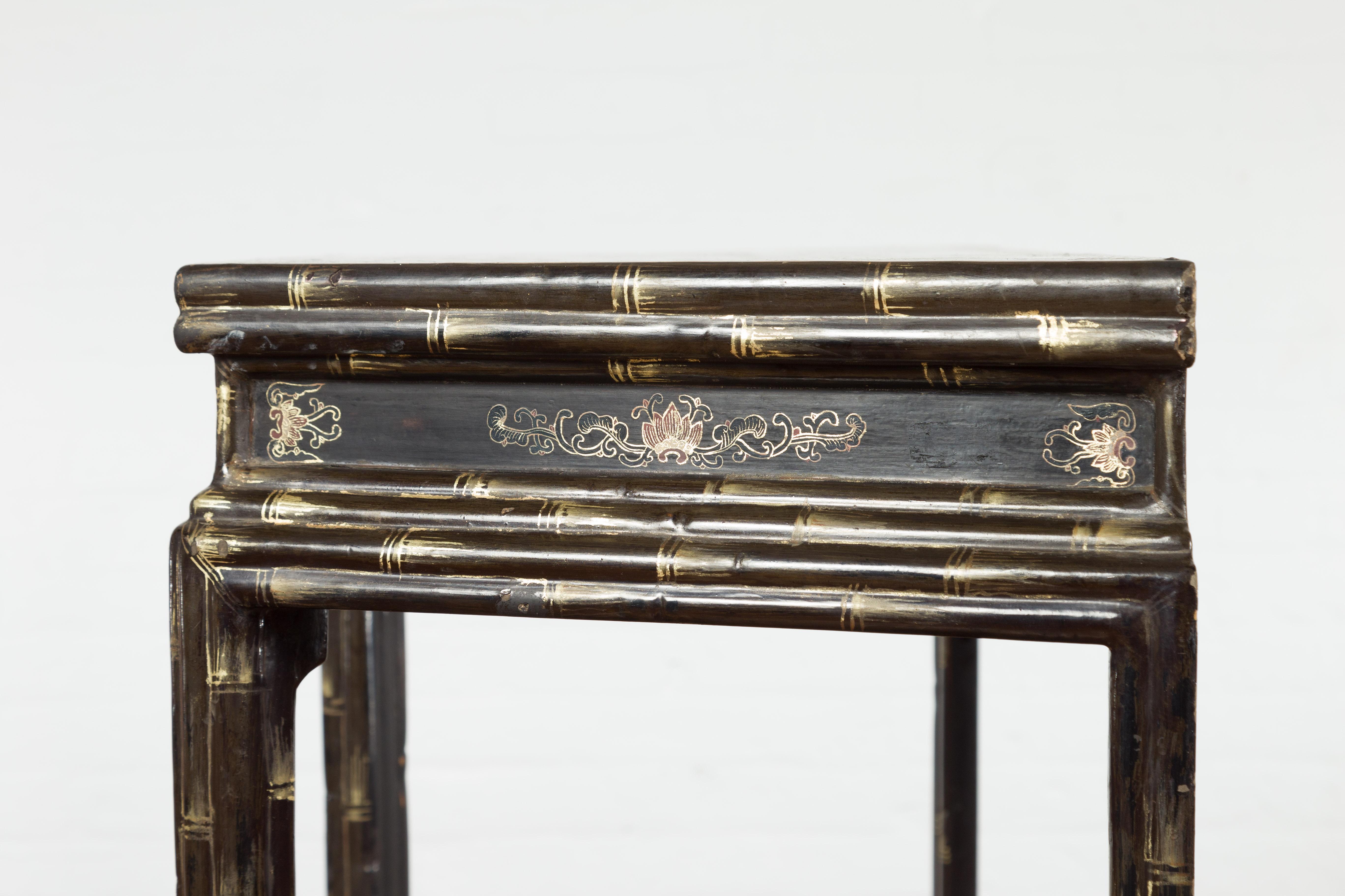 Vintage Chinese Faux Bamboo Demi-Lune Console Table with Landscape Décor For Sale 15
