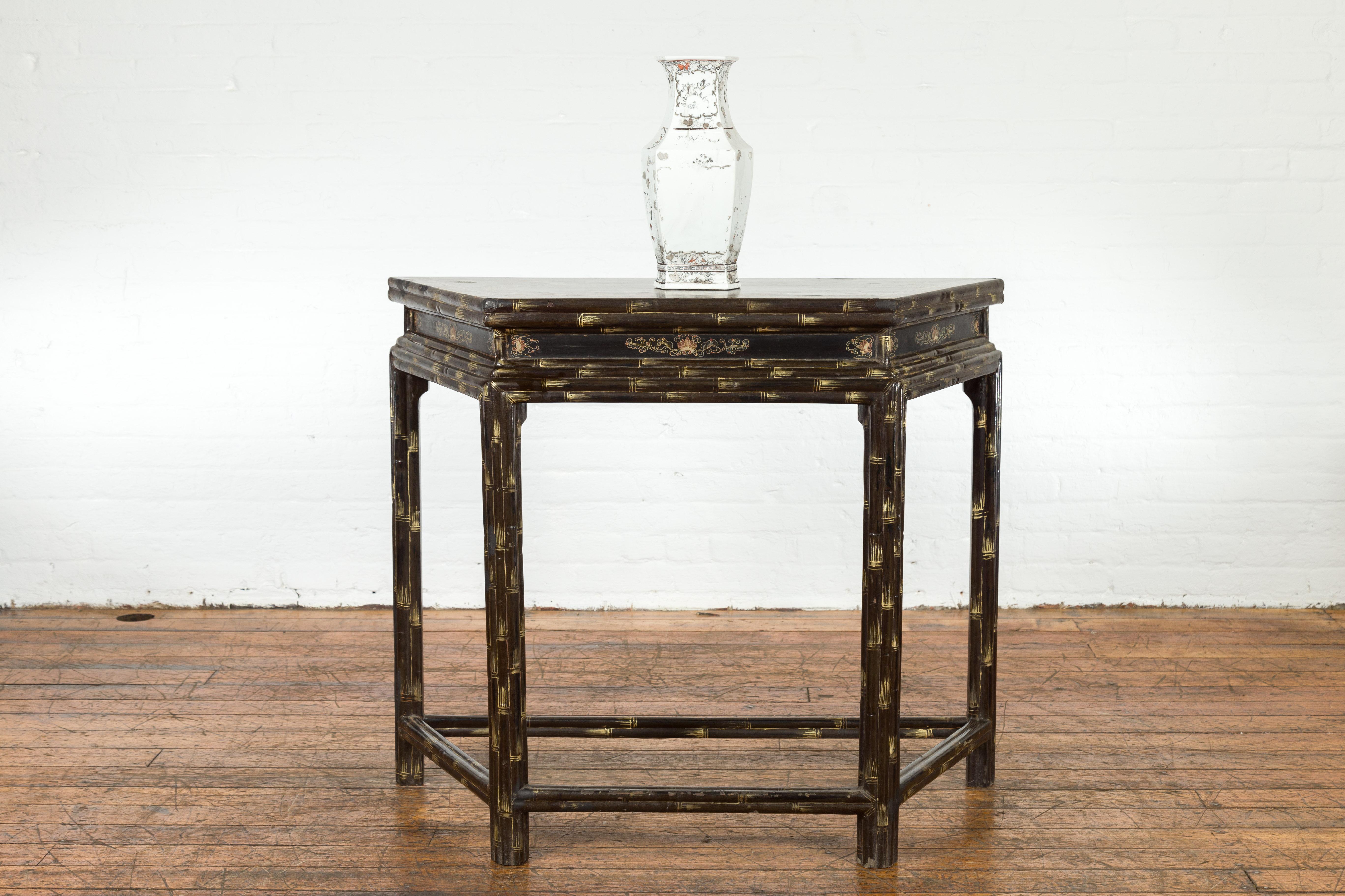 Carved Vintage Chinese Faux Bamboo Demi-Lune Console Table with Landscape Décor For Sale