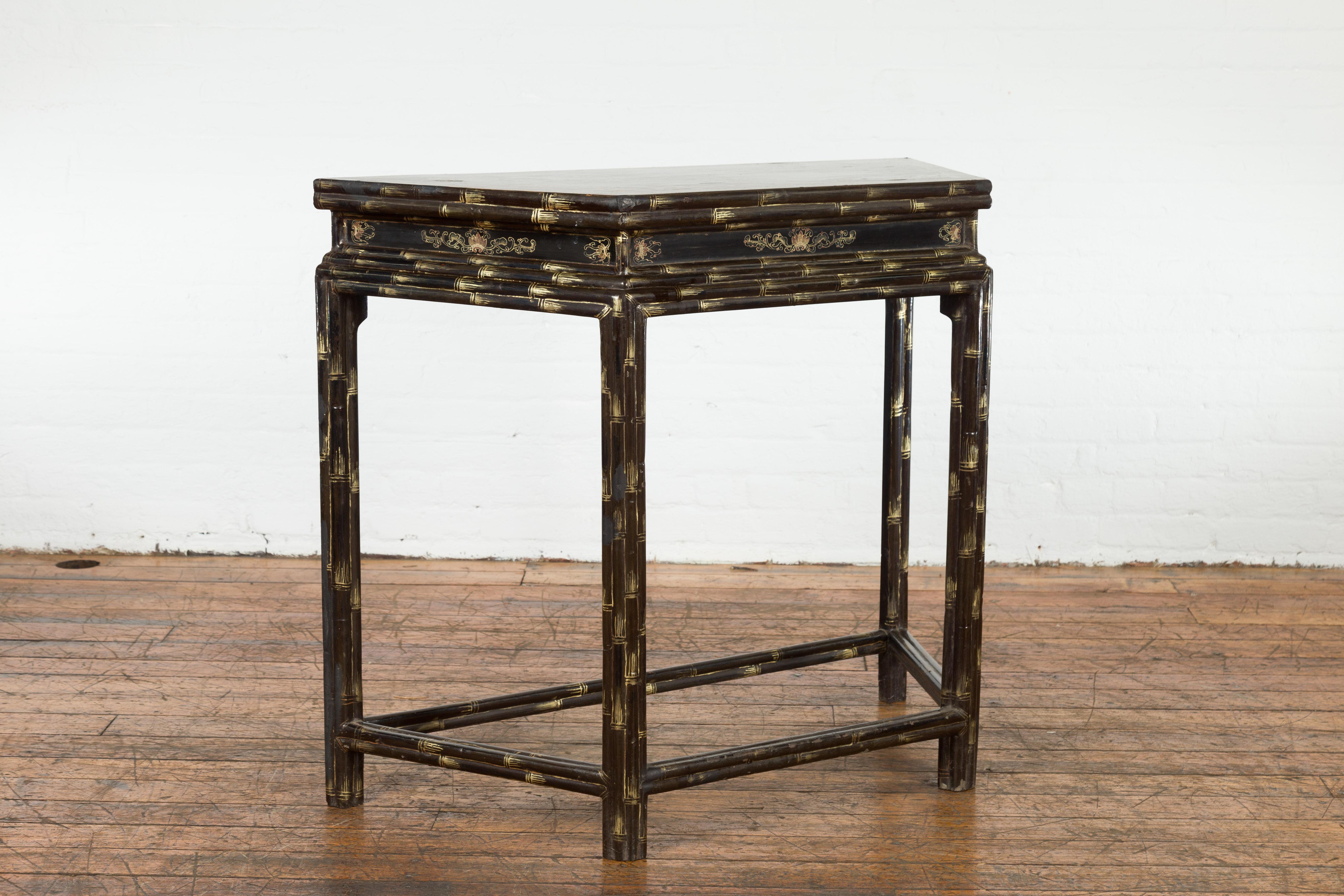 Vintage Chinese Faux Bamboo Demi-Lune Console Table with Landscape Décor In Good Condition For Sale In Yonkers, NY