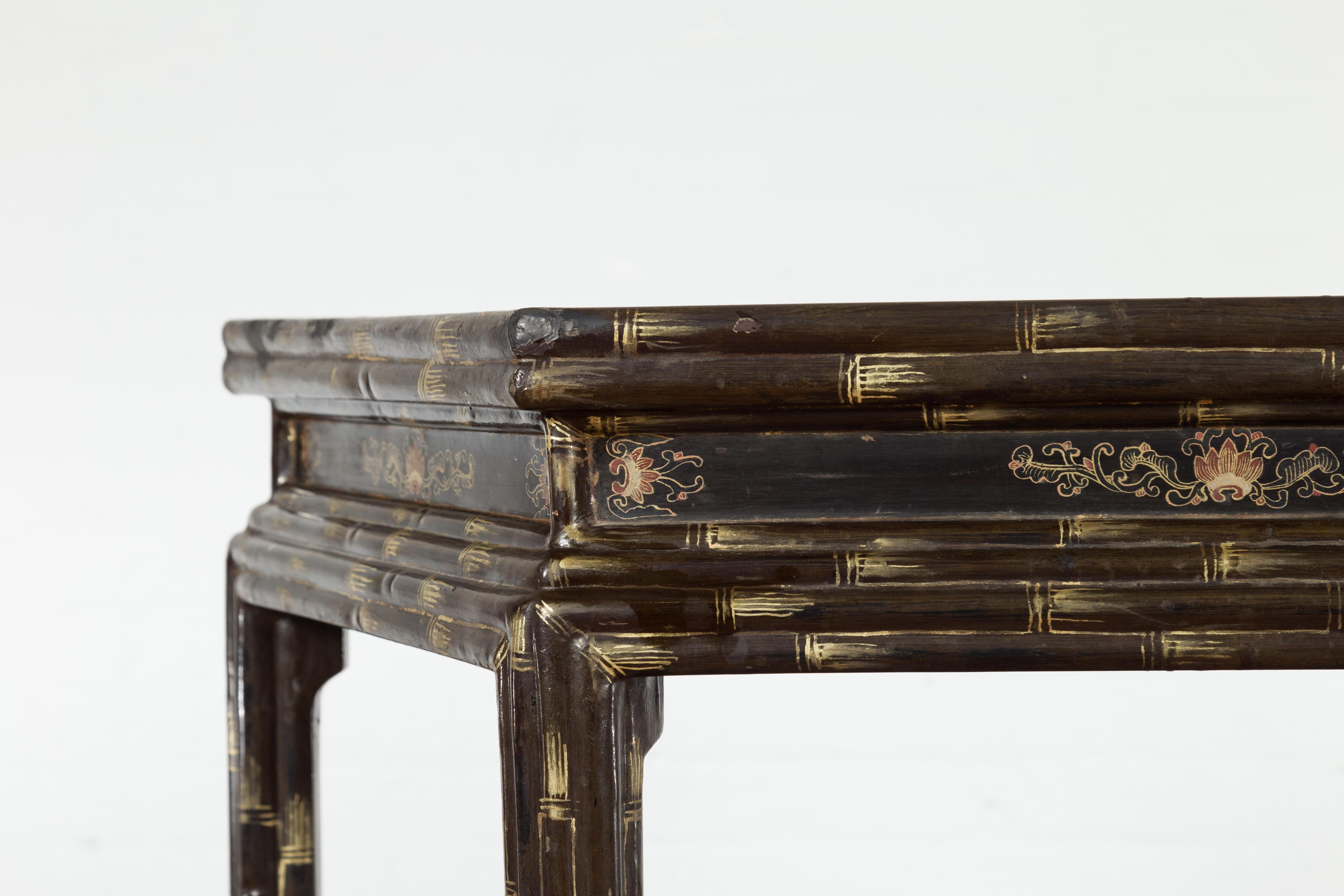 Vintage Chinese Faux Bamboo Demi-Lune Console Table with Landscape Décor For Sale 2