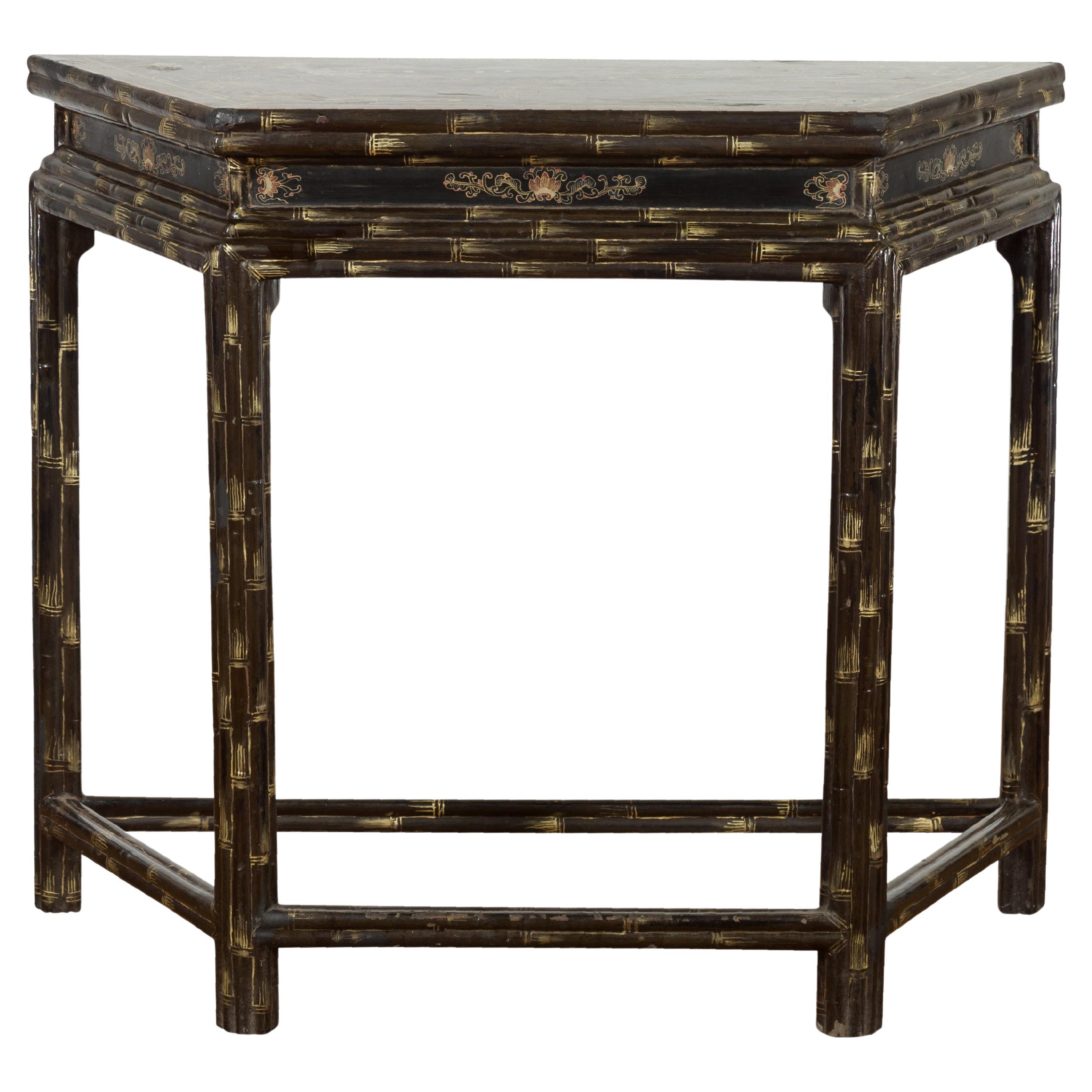 Vintage Chinese Faux Bamboo Demi-Lune Console Table with Landscape Décor For Sale